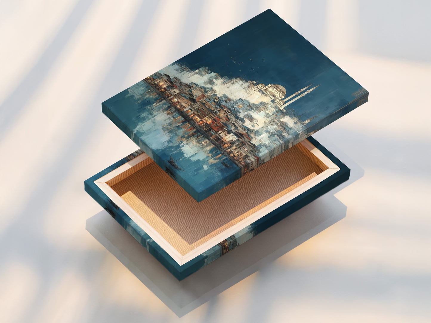 A stretched canvas print of the Istanbul Cityscape. The stretched canvas print is ready to hang. It brings the Mediterranean art to your home. This Turkish wall art creates a focal point in any room. Enjoy the vibrant colors and intricate details.