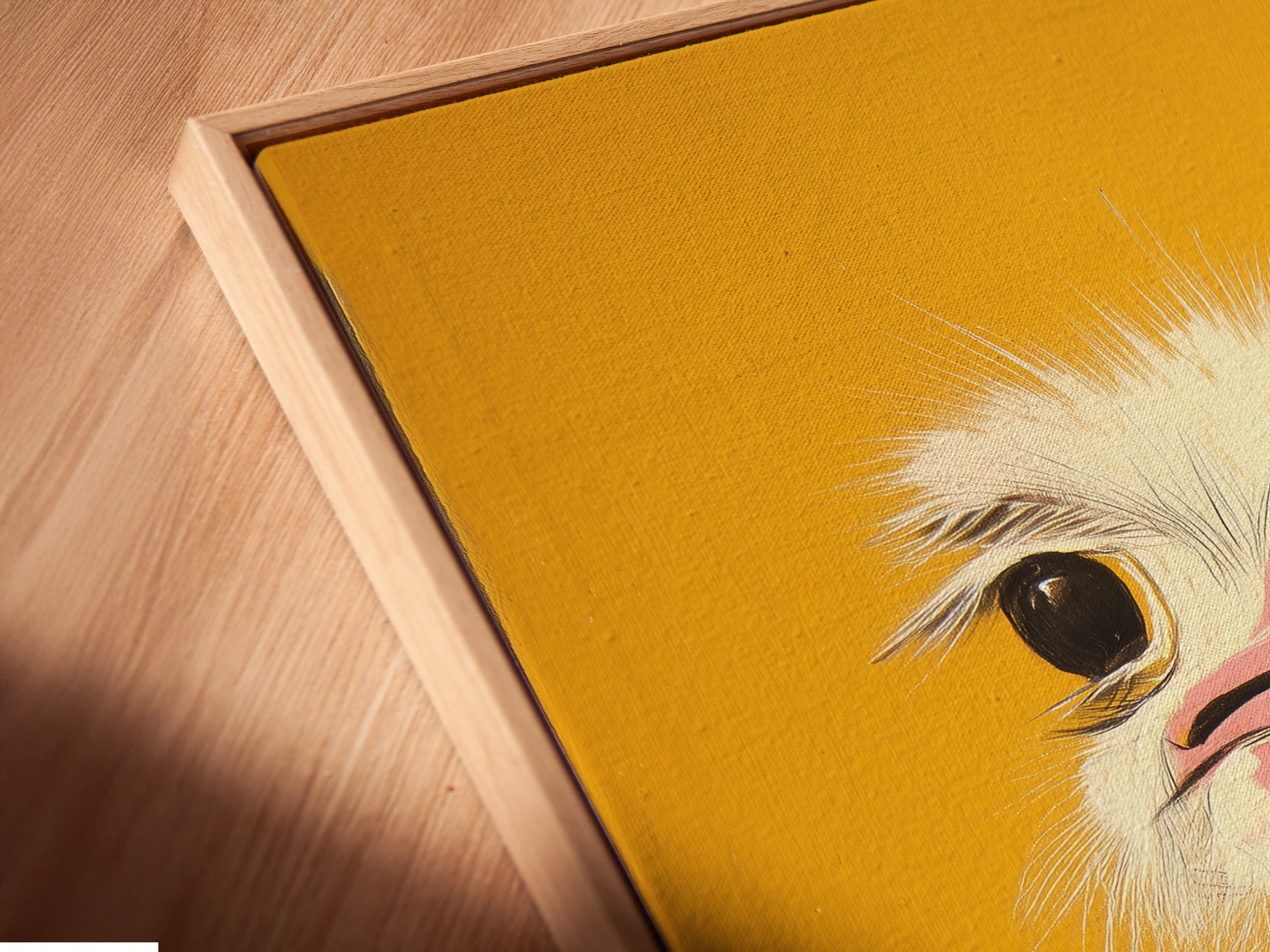 A close-up angled view reveals the exquisite detail of a canvas print. The artwork is set in a floating frame. It creates a modern and sophisticated look. Discover the beauty of framed canvas art.