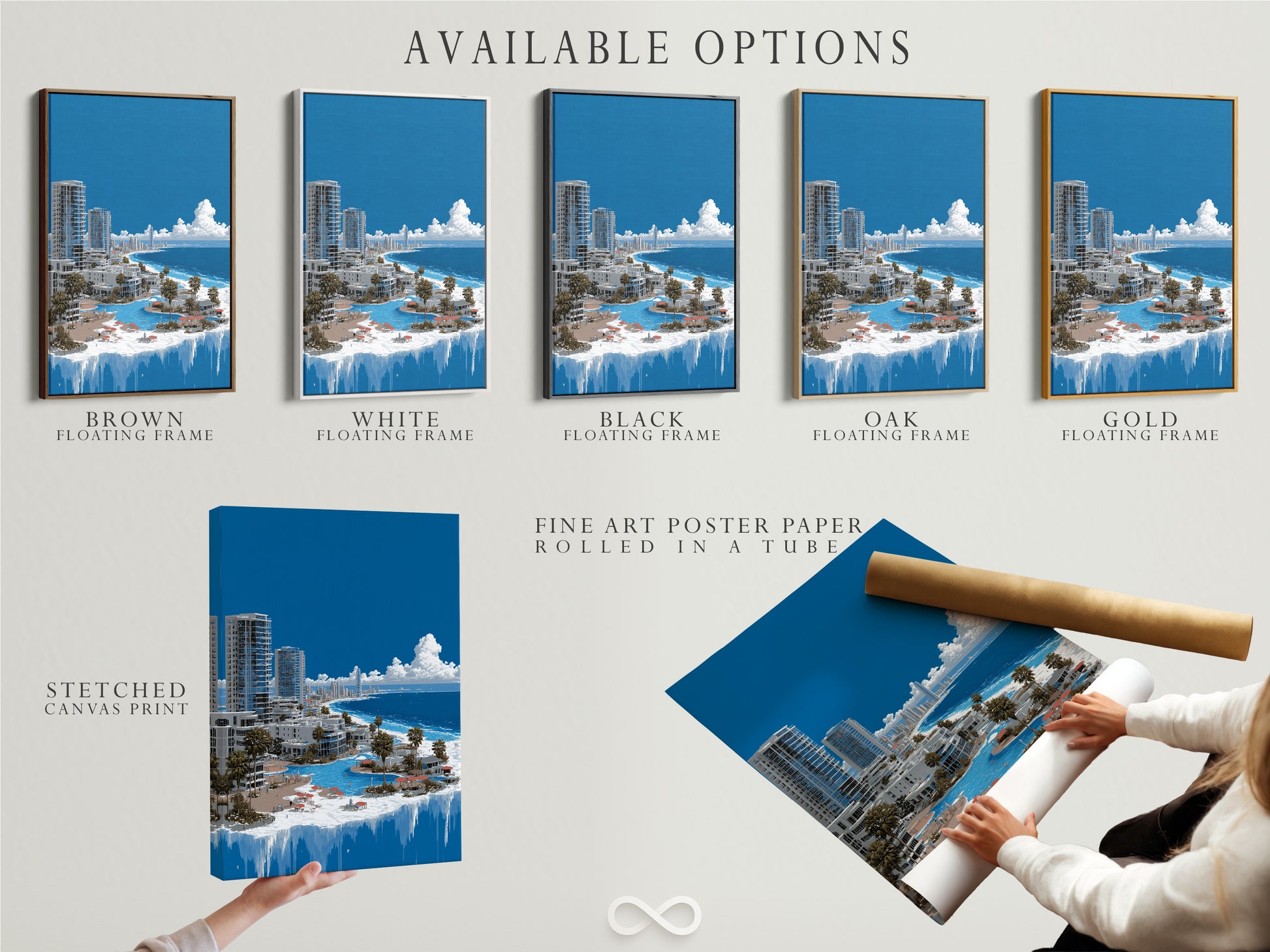 Available options for the Surreal Frozen City artwork. Choose from stretched canvas prints fine art poster paper and floating frames. Perfect for customizing your art to match your style. Explore our options.