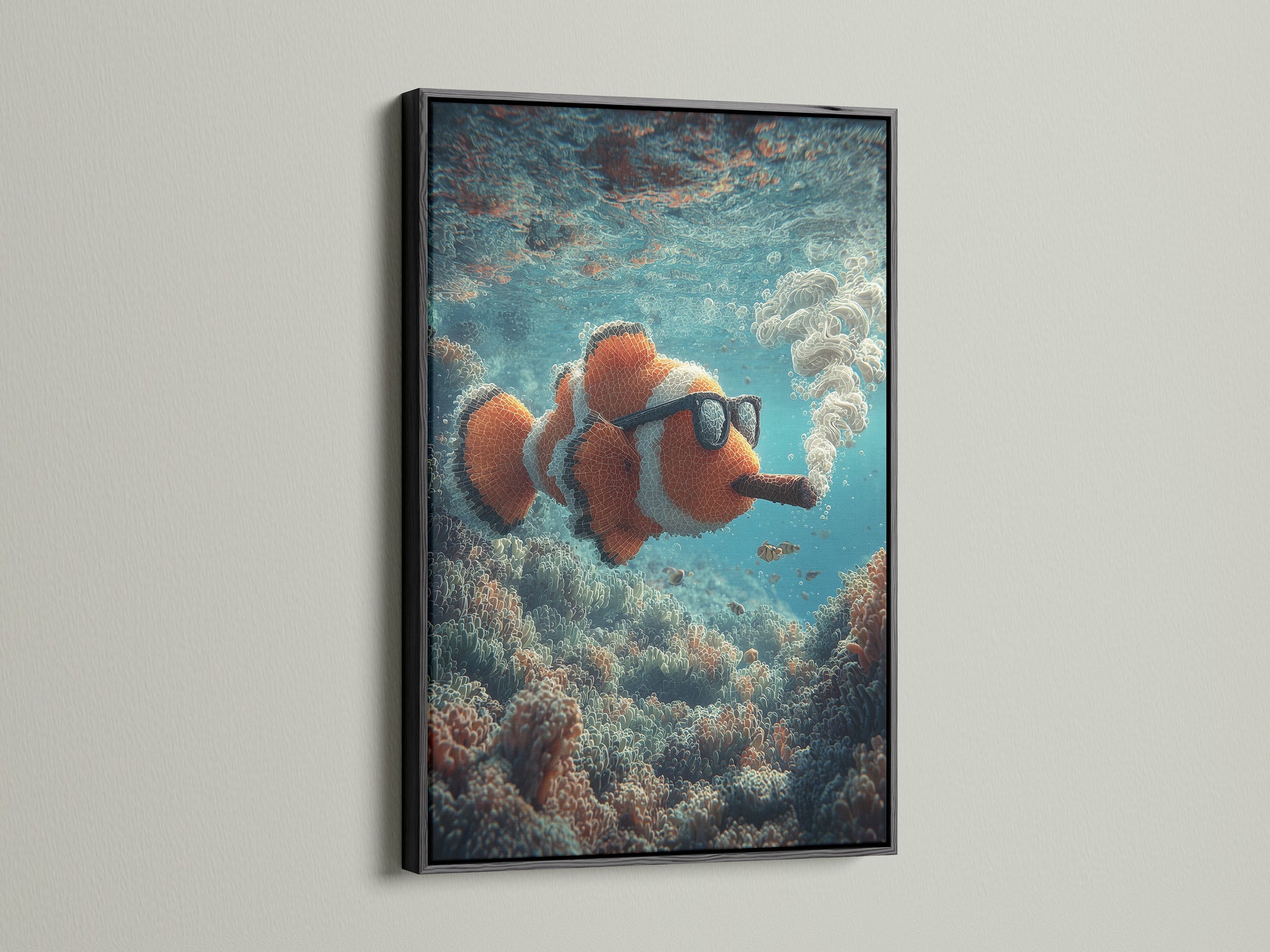 Black frame featuring a clownfish art piece. The art shows the clownfish smoking a cigar underwater. The black frame adds a bold and sophisticated touch. It makes the colors pop. A striking addition to your art collection. Ideal for a contemporary setting