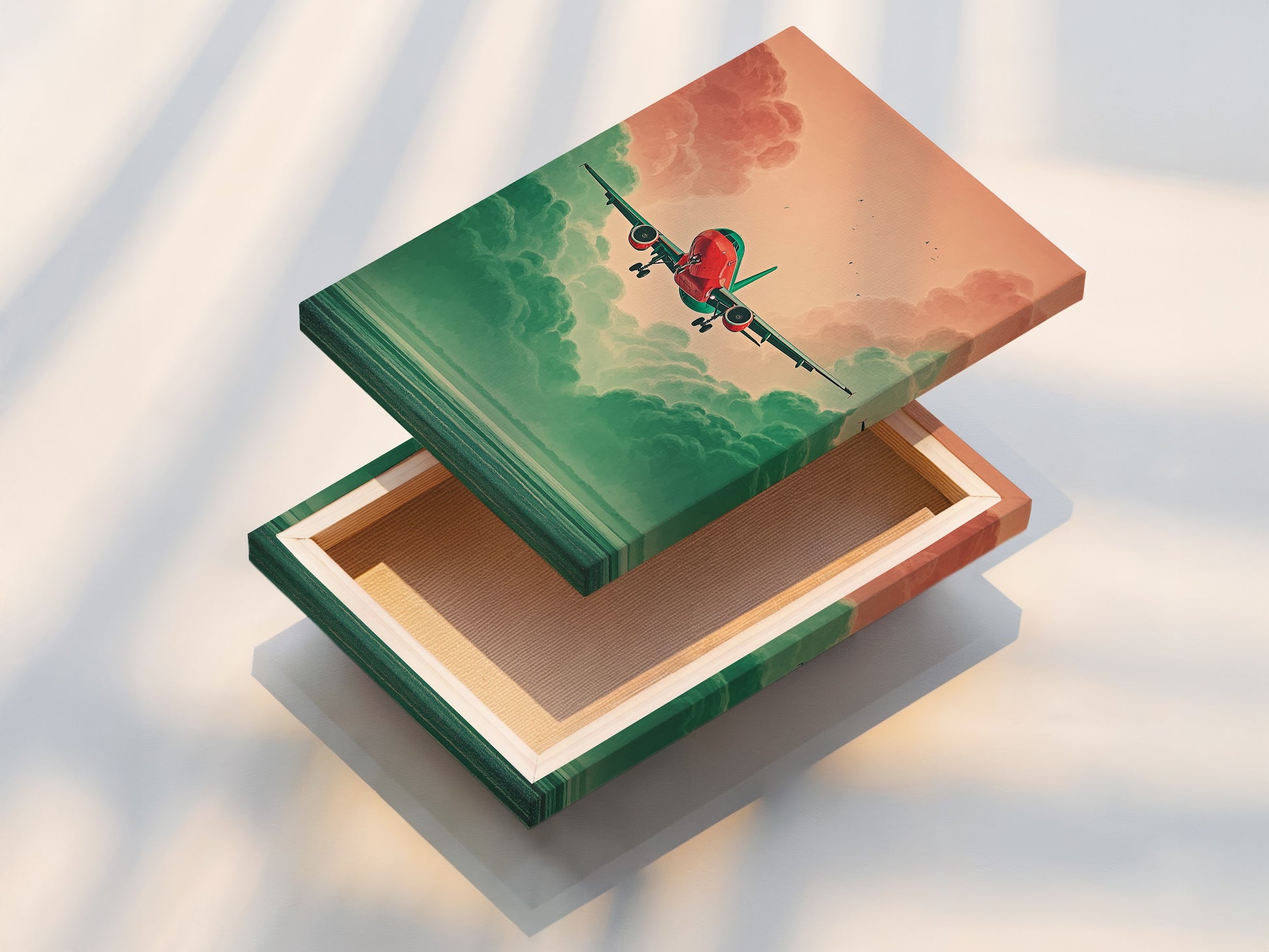 A stretched canvas print displays aviation wall art. The artwork features an airplane in a teal and coral sky. This modern art print is ready to hang. Perfect for adding a touch of travel to your space. This aviation decor enhances any room. A great gift for aviation professionals and travel lovers