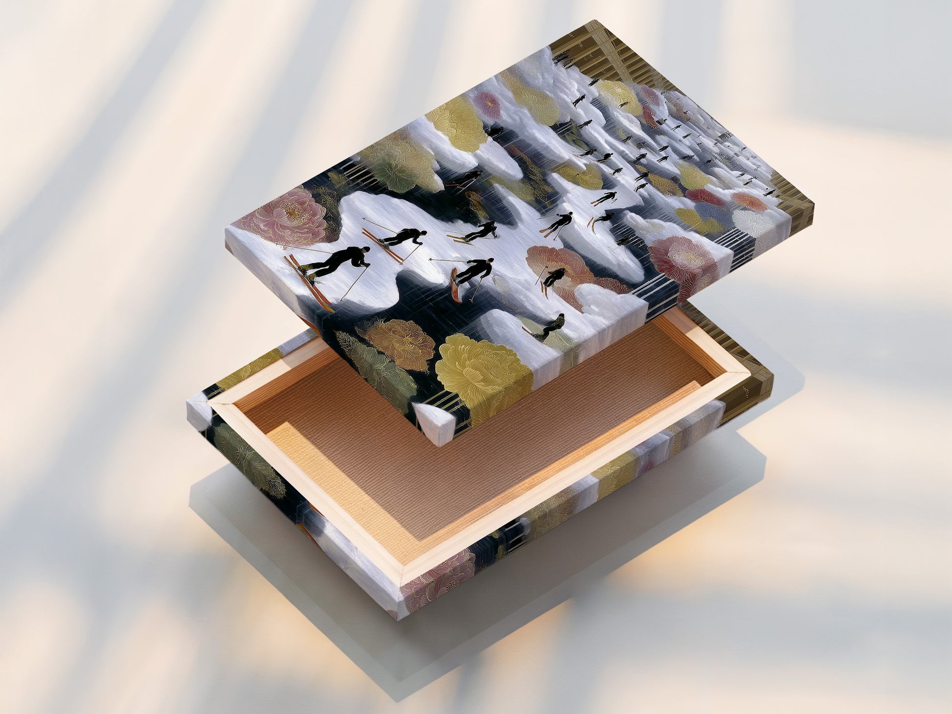 A stretched canvas print ready to hang. This format brings the skiing artwork to life. The winter sports art is vibrant and engaging. The alpine canvas print is stretched perfectly. Ready to enhance your cabin wall decor.