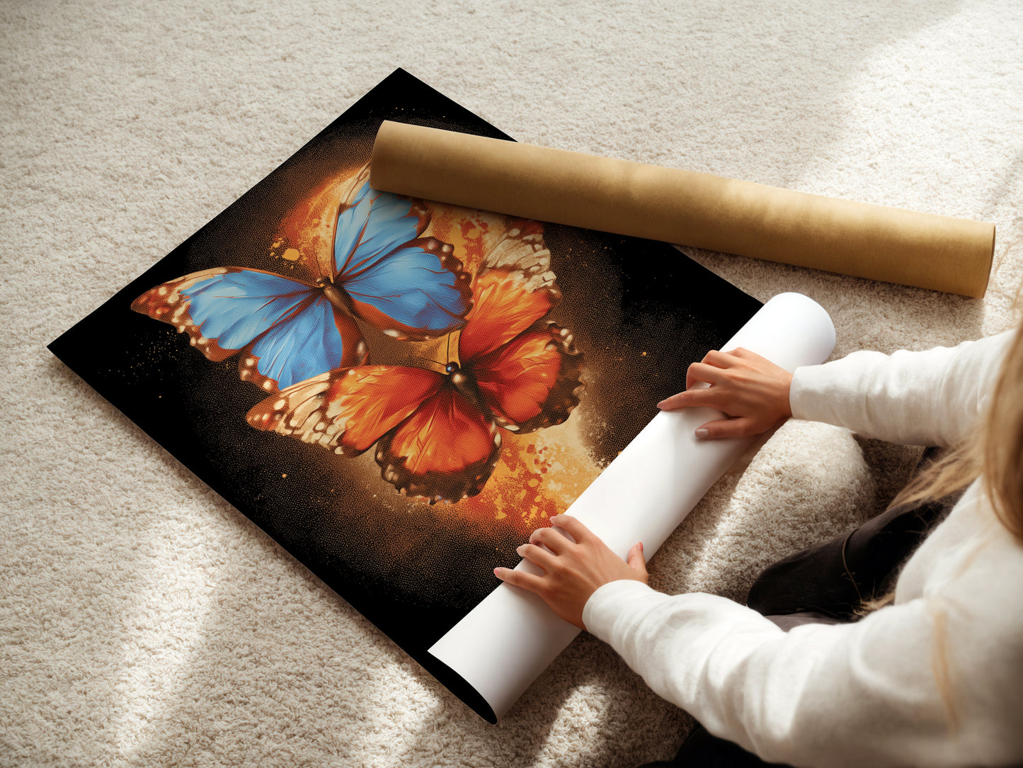 A woman is carefully rolling a fine art poster paper featuring the butterfly artwork. The insect print showcases vibrant blue and orange colors. This nature-inspired print is ready for framing or display. Ideal for art enthusiasts.