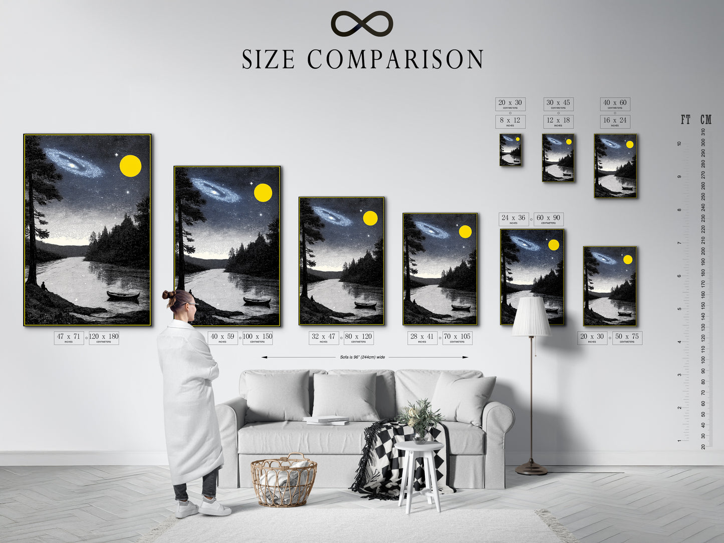 Size comparison chart in an interior setting. This features the Night Sky Landscape artwork. See how the galaxy canvas fits in your space. Visualize the lake wall art before you buy. Choose the perfect size for your celestial art print.