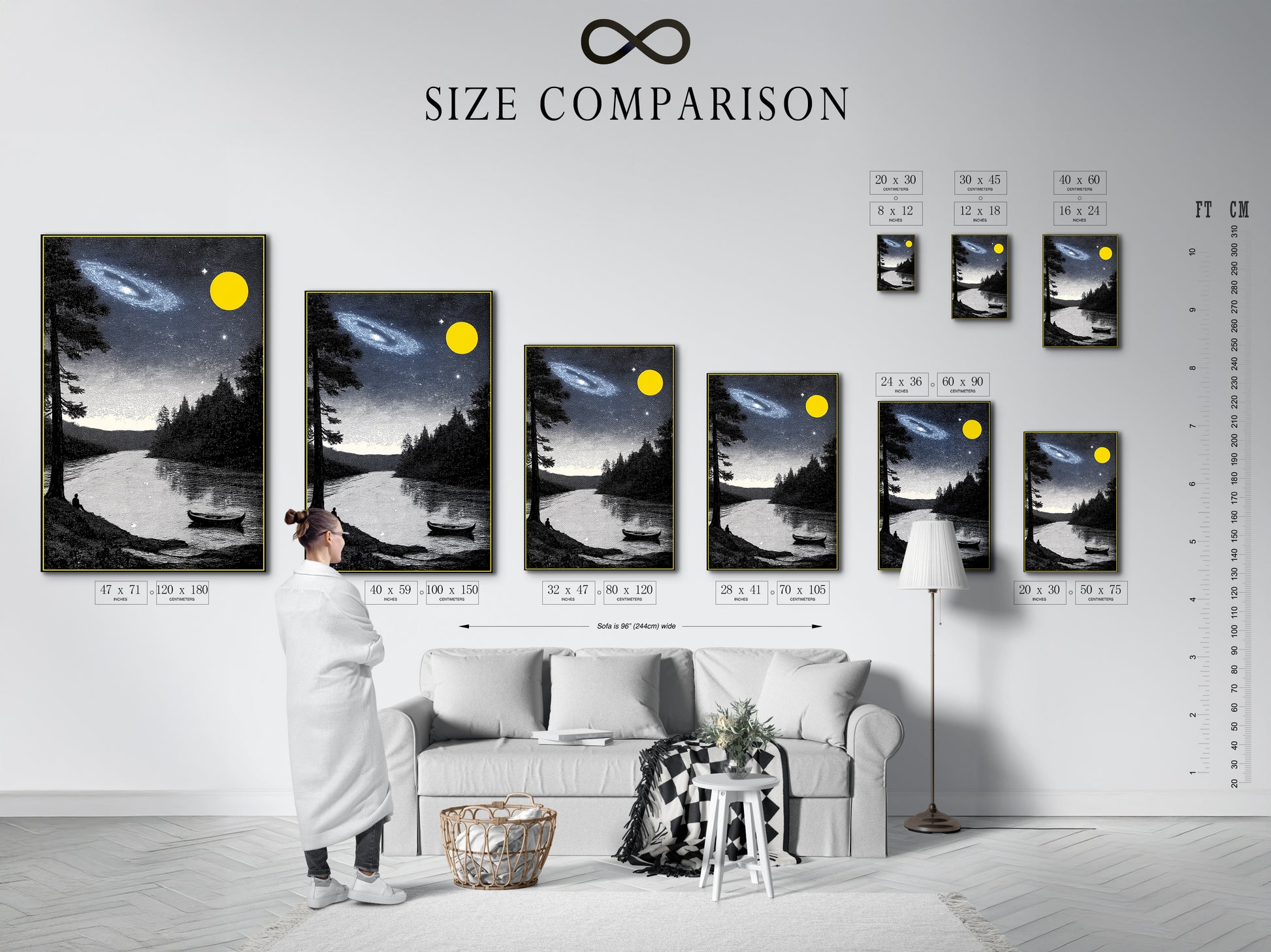 Size comparison chart in an interior setting. This features the Night Sky Landscape artwork. See how the galaxy canvas fits in your space. Visualize the lake wall art before you buy. Choose the perfect size for your celestial art print.