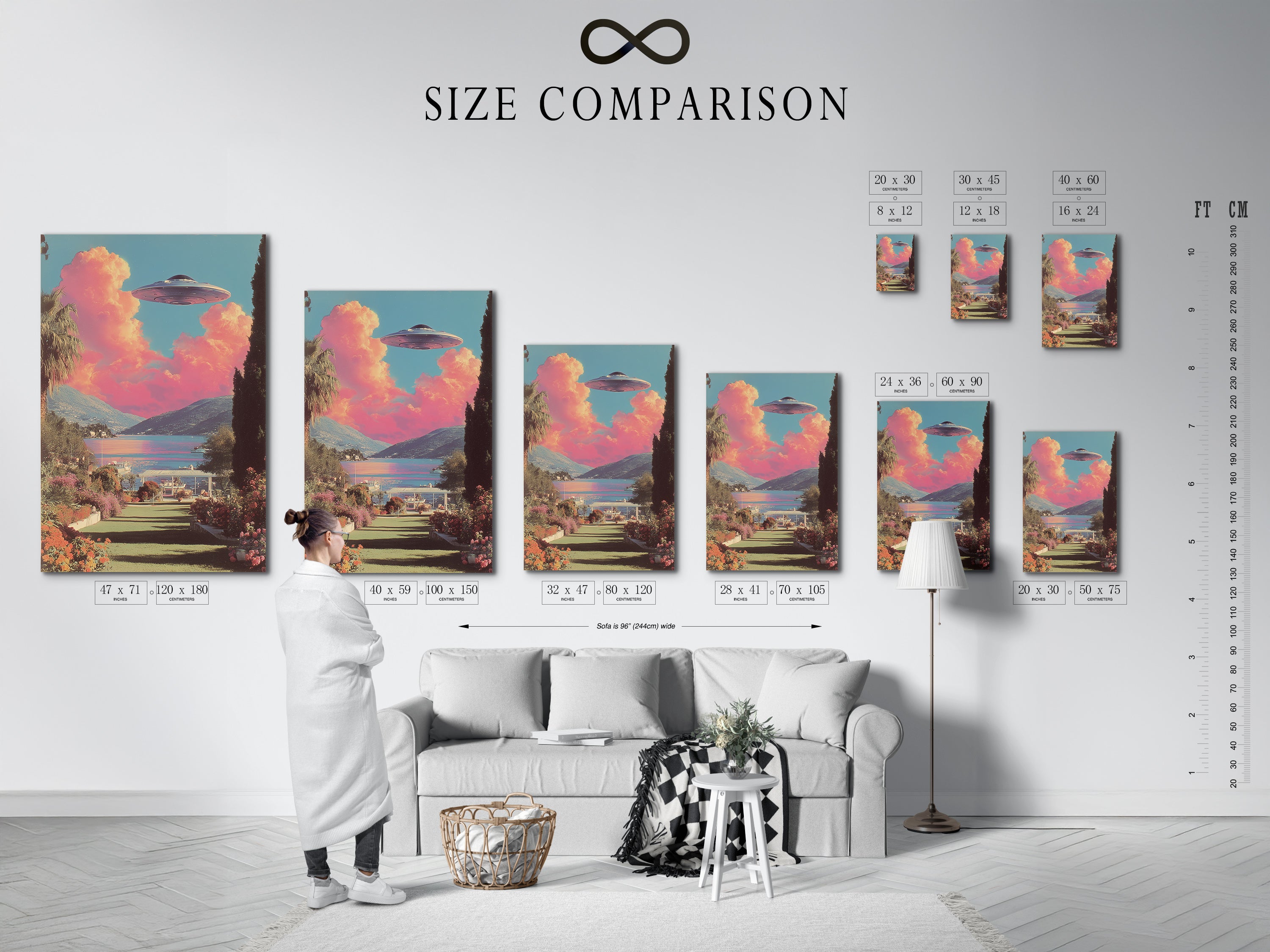 A size comparison chart in an interior setting. This helps you visualize the perfect fit for your wall. Choose from stretched canvas prints fine art poster paper. You can also select floating frames. Each option enhances the surreal sci-fi art. Primary color is pink.