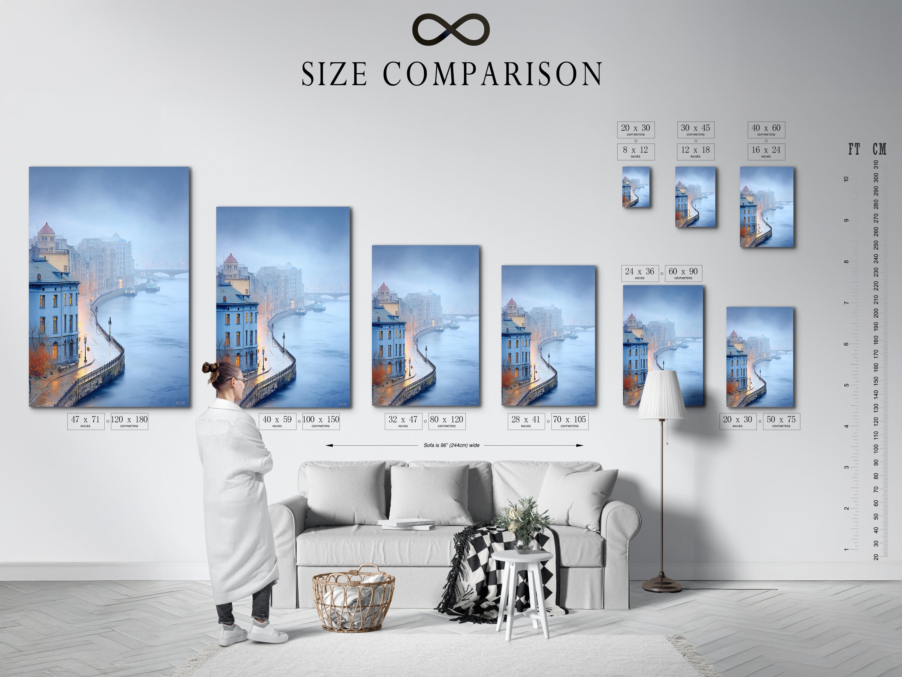 This chart shows a size comparison in an interior setting. See the Cityscape river artwork. European architecture is captured in misty cityscape photography. The blue wall art complements modern office decor.