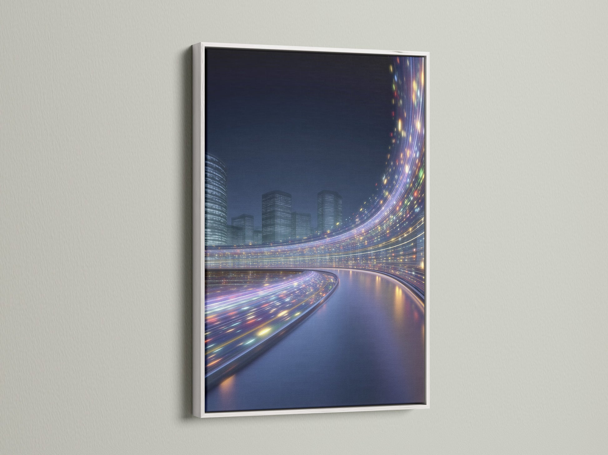 Futuristic cityscape artwork in a white frame. The modern urban wall art features vibrant digital city lights. The white frame provides a clean and contemporary look. This artwork is perfect for brightening up any room in your home or office. It enhances the modern aesthetic.