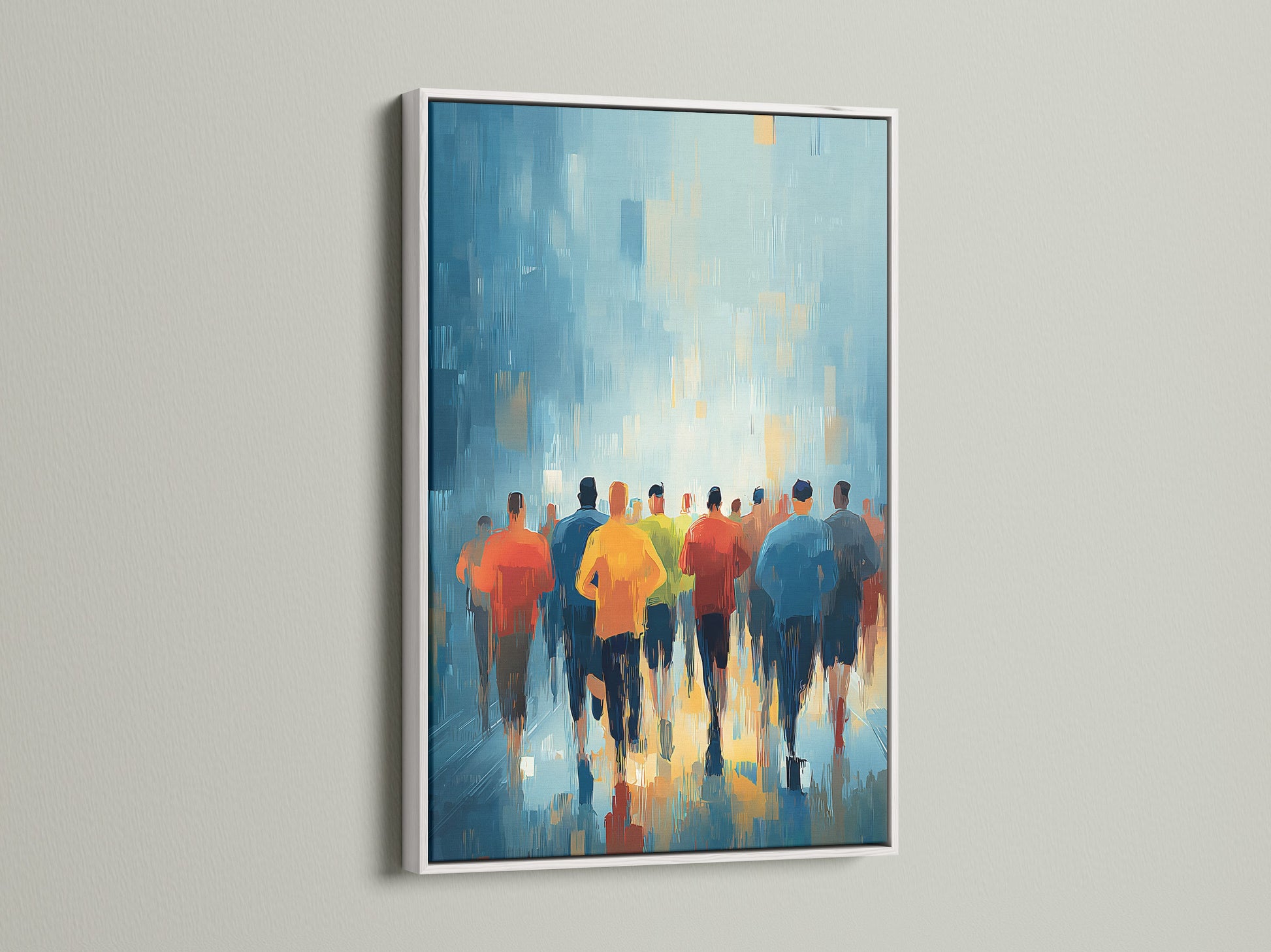 Abstract running painting displayed in a clean white frame. This modern sports wall art adds a touch of sophistication to any room. Suitable for living rooms bedrooms or even a gym. Enhance your athletic decor.