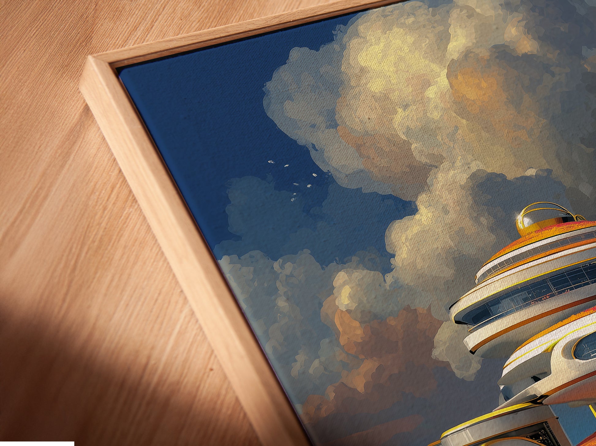 Angled close up of a Futuristic Architecture canvas print. The art is displayed in a floating frame. This modern coastal art piece is perfect for adding a touch of sci-fi to your decor. Ideal for living rooms bedrooms and offices seeking contemporary art.