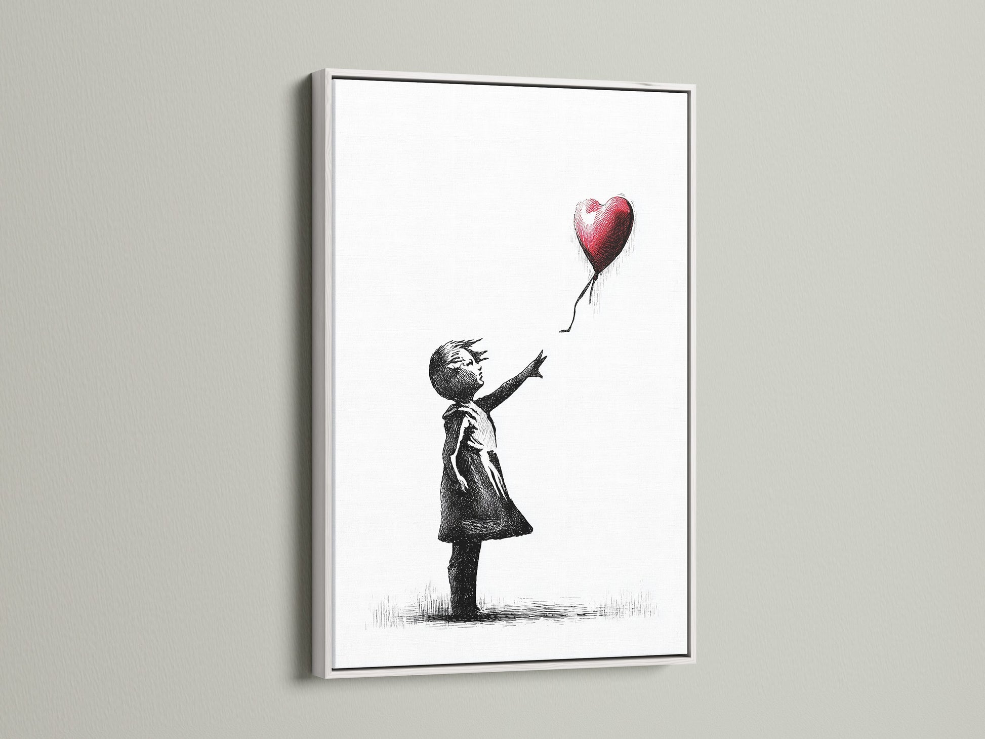 View our art prints with a white frame. The bright white frame provides a clean modern look. It allows the Banksy-style artwork to stand out. See how a white frame can transform your art. It will give your space a fresh gallery-like feel. Perfect for any contemporary home.