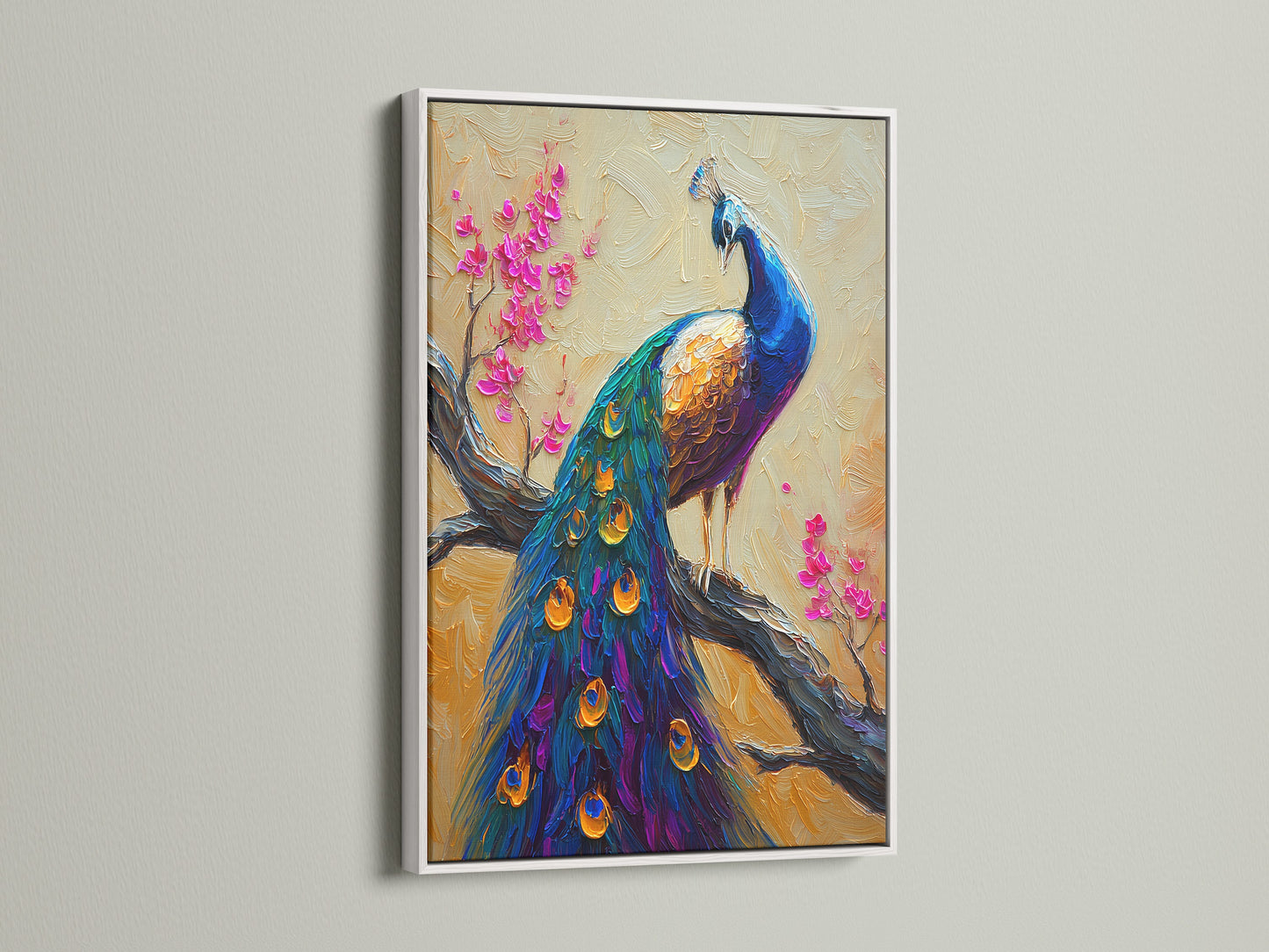 A colorful peacock artwork is showcased in a white frame. The white frame provides a clean and modern look. The art features a peacock. It is perched on a blossoming branch. The artwork is vibrant and detailed.