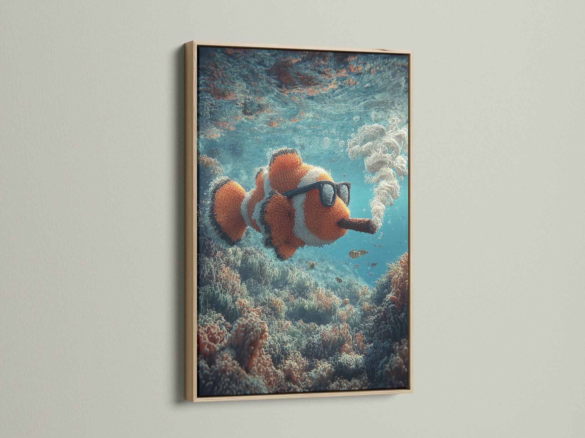 Oak frame displaying a clownfish art piece. The art shows the clownfish smoking a cigar underwater. The oak frame enhances the artwork's warm tones. It brings a natural touch to your home decor. The perfect conversation starter for any space