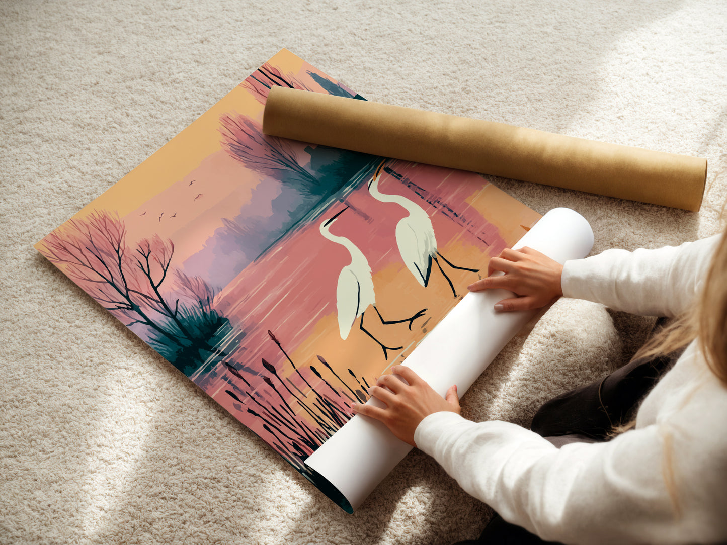 A woman carefully rolls a fine art poster paper. The heron artwork is preserved with care. The pastel lake print is ready for framing. This nature print is a high-quality addition to any art collection. Peach and pink tones.