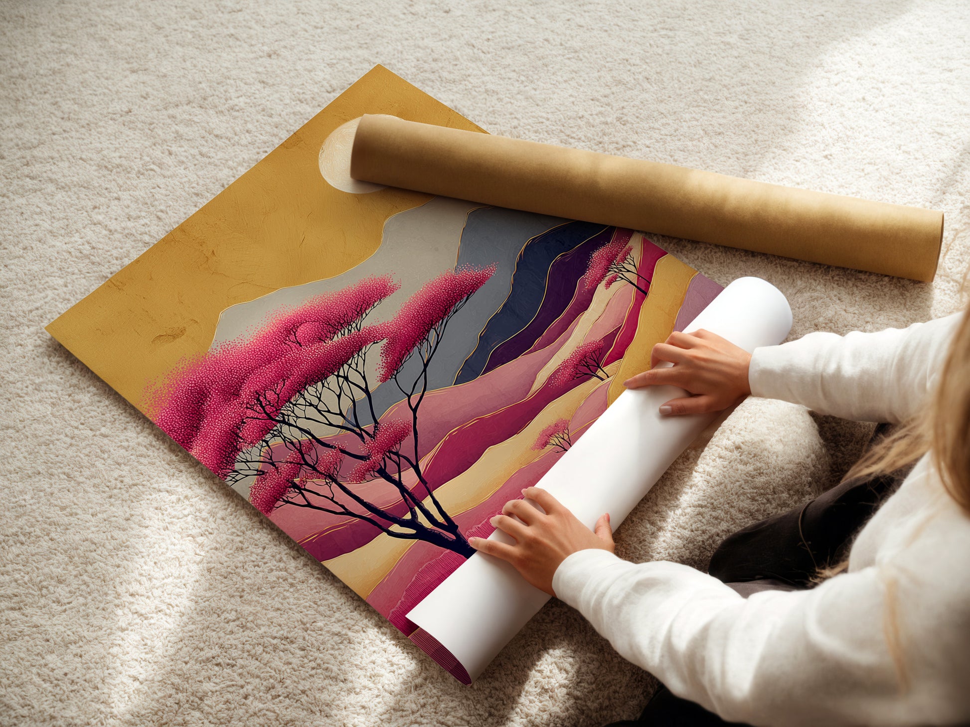 A woman is carefully rolling a fine art poster paper. Preparing abstract mountain artwork. This pink purple landscape is ready to be framed. Perfect for modern wall decor. The nature artwork complements minimalist styles. Ideal for spas or boutiques.