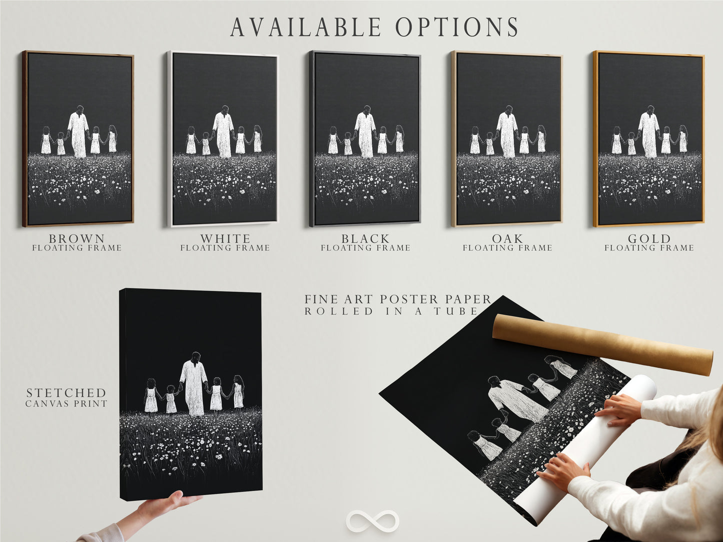 Available options for the artwork are displayed. Choose between a stretched canvas print. Also available is a fine art poster paper. Another option is a floating frame. Select the perfect combination to suit your personal style. Each option enhances the art.