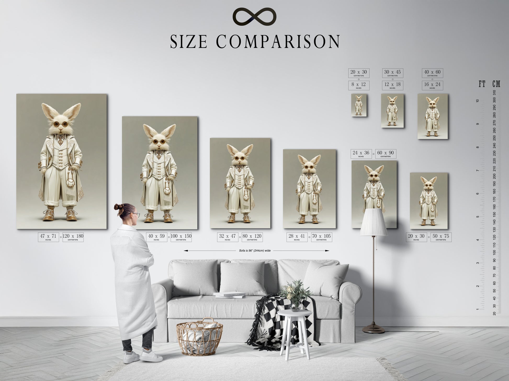 A size comparison chart is displayed in an interior setting. See how the Steampunk Rabbit artwork looks in different sizes. This chart helps visualize the artwork in your space. Choose the perfect size for your wall decor needs. It is great for planning your interior design.