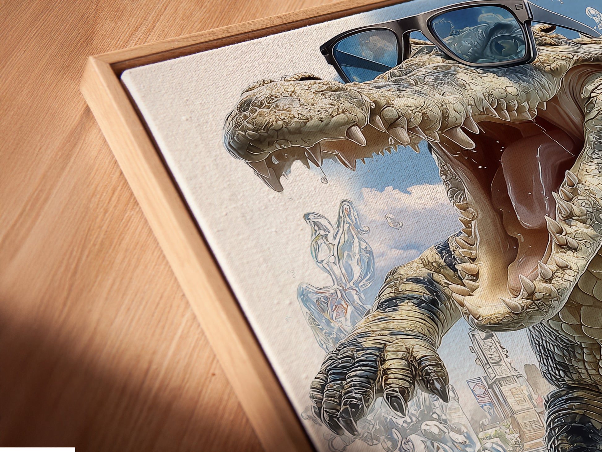 Angled close up of a canvas print in floating frame. The cool alligator wall art is a tropical canvas print. This funny animal art is ideal for beach house decor and a unique piece for a kids room adding a modern touch.