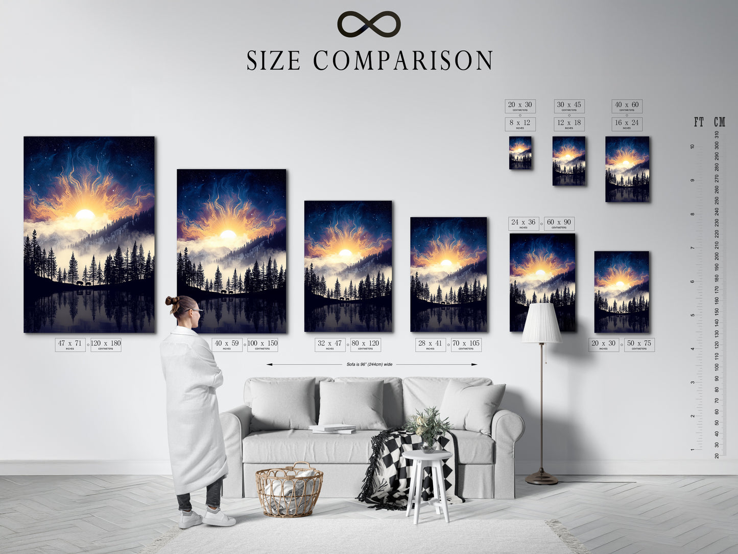 A size comparison chart in an interior setting displays the Mountain Lake artwork. See how different sizes fit your space. Choose the perfect nature print for your room. Ideal for bedroom decor and living room wall art. Find the perfect forest canvas.