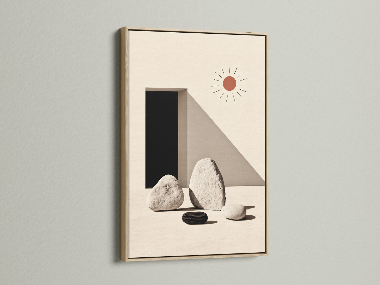 Minimalist stone geometric print in an oak frame. Neutral colors create a calming zen atmosphere. This artwork is ideal for modern Scandinavian interiors. The oak frame enhances the artwork's natural aesthetic. Elevate your home or office wall decor with this simple art print. Perfect for a serene and stylish touch.