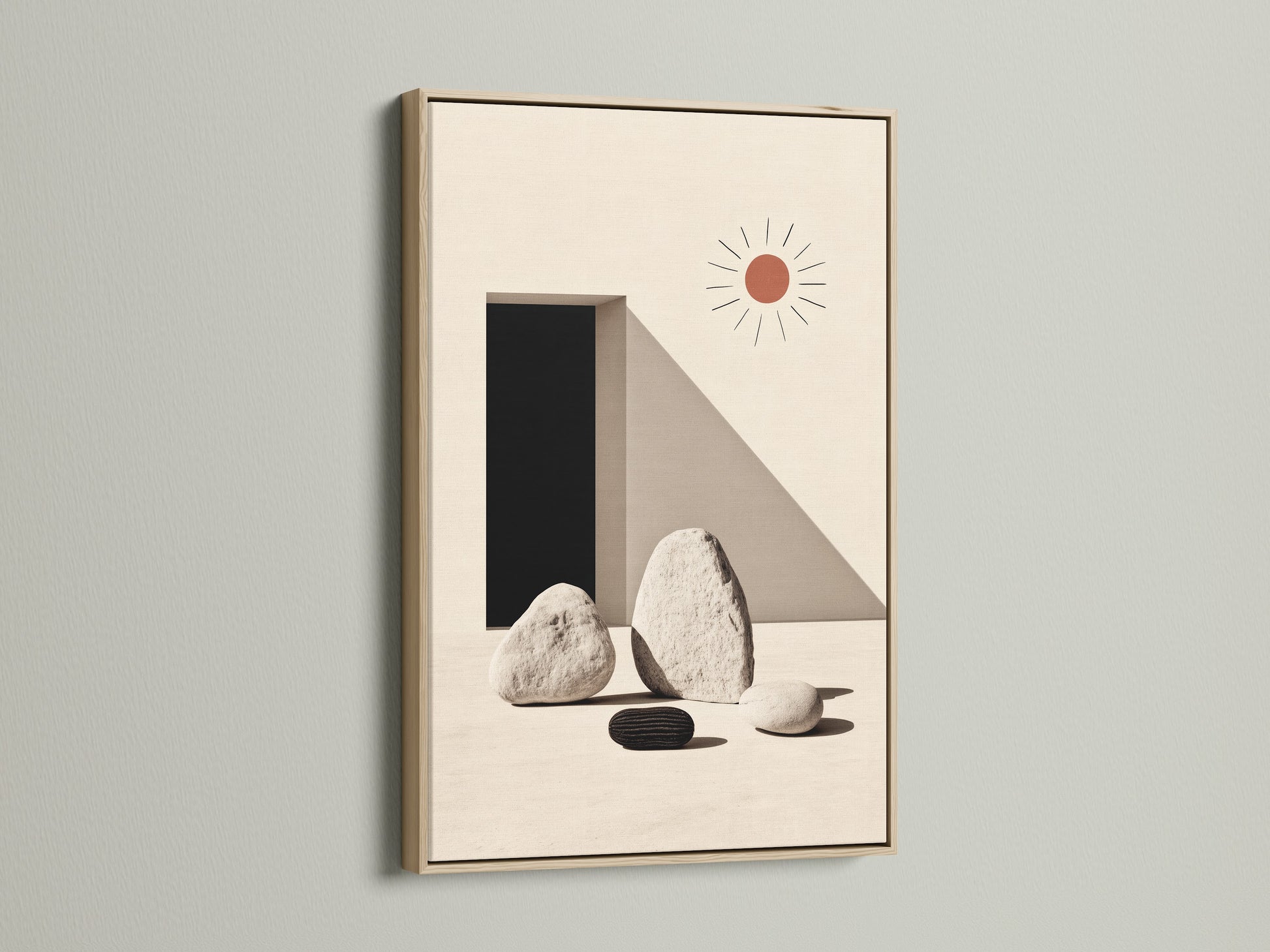 Minimalist stone geometric print in an oak frame. Neutral colors create a calming zen atmosphere. This artwork is ideal for modern Scandinavian interiors. The oak frame enhances the artwork's natural aesthetic. Elevate your home or office wall decor with this simple art print. Perfect for a serene and stylish touch.