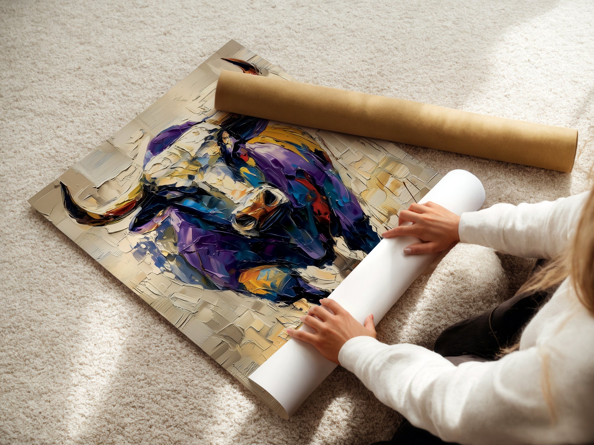 A woman is carefully rolling a fine art poster paper. The poster paper is high-quality and perfect for printing artwork. She is ensuring the poster is free from creases. This is perfect for artwork or photography prints. It is a great option for displaying art.