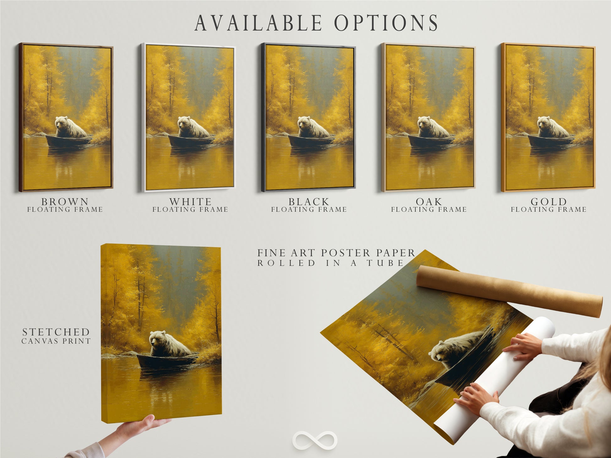 Discover the available options for this artwork. Choose from stretched canvas print fine art poster paper or floating frame. The bear in boat artwork suits any style. Find the perfect medium for your cabin decor. Ideal gifts for him are also available. Customize your wildlife art to your liking.