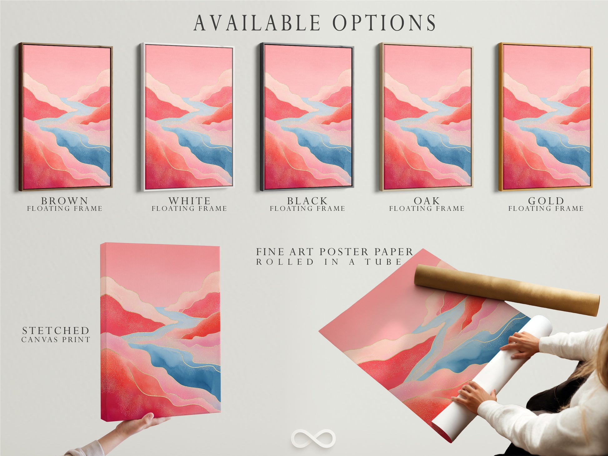 Available options include stretched canvas print fine art poster paper and floating frame. Choose the perfect format for your abstract landscape. Create a custom piece of modern nature art for your home or office today.