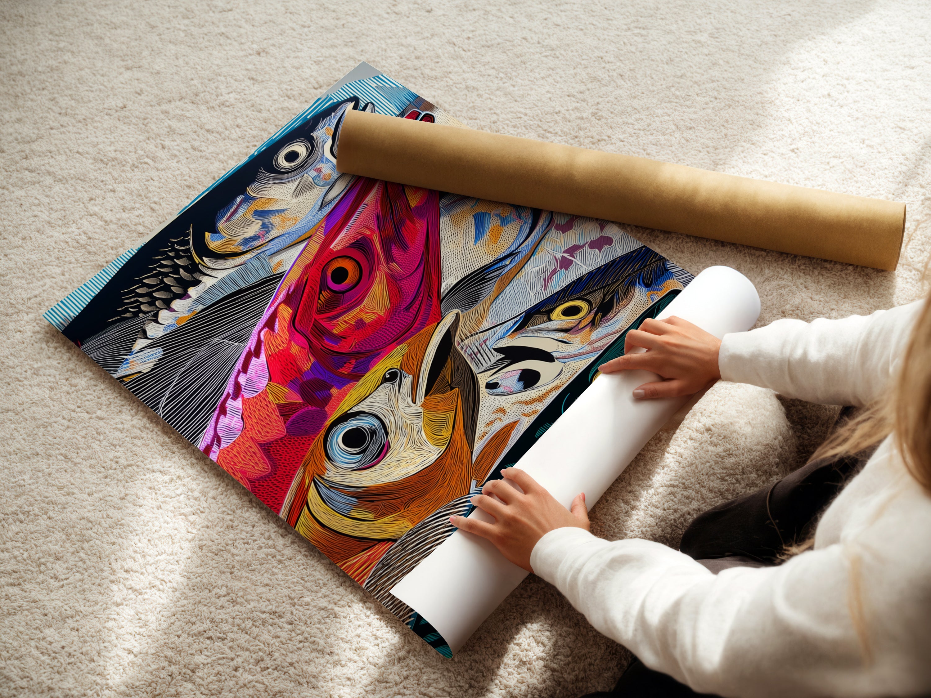 A woman is carefully rolling a fine art poster paper. This colorful fish artwork is ready to be framed. The modern marine life print is perfect for any wall. The abstract ocean wildlife poster is a great addition to any collection. Ideal for homeowners renters and interior decorators. This piece adds a touch of coastal charm.