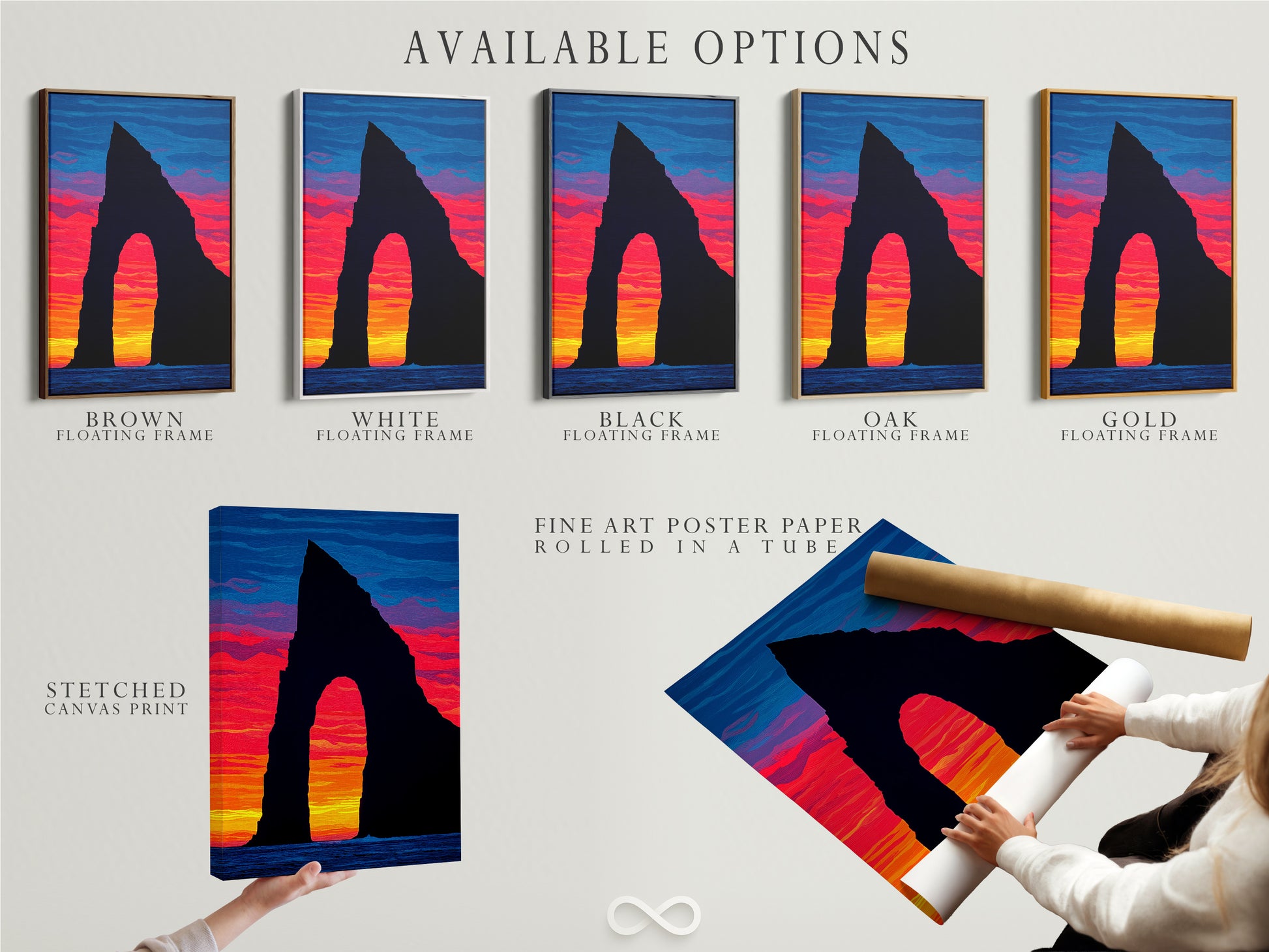 Available options are displayed including stretched canvas print fine art poster paper and floating frame. Choose the perfect format for your coastal arch canvas print. Modern ocean view artwork is available in multiple formats. The sunset seascape wall art is customizable to your style. Select your preferred option for this beautiful coastal artwork.
