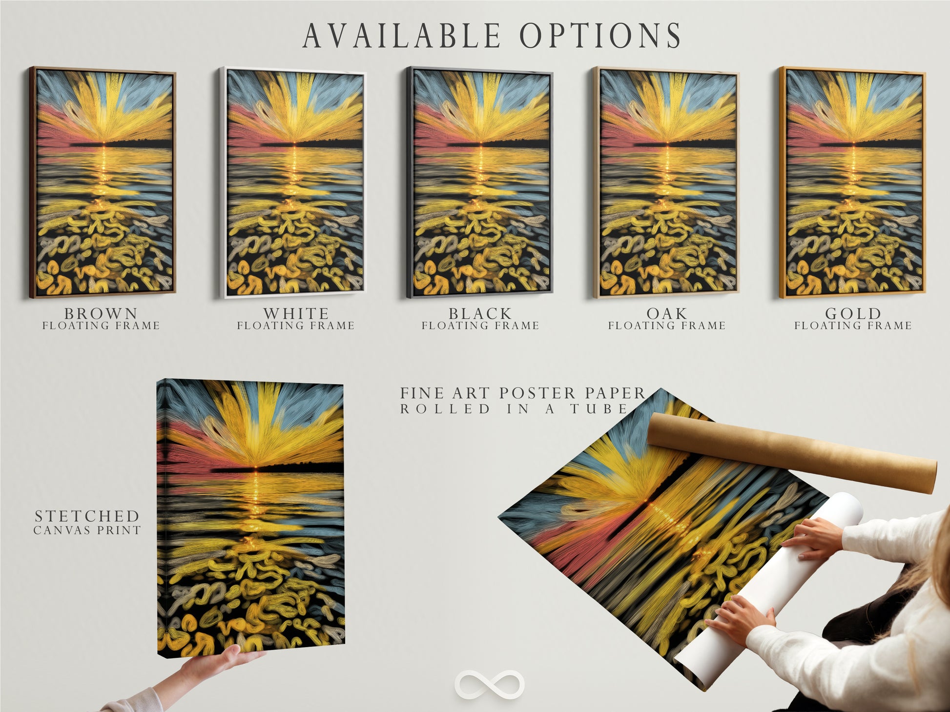 Explore available options for this abstract sunset artwork. Choose between a stretched canvas print fine art poster paper or a floating frame. The golden ocean wave art enhances coastal minimalist and contemporary styles. Shop now for the perfect piece.