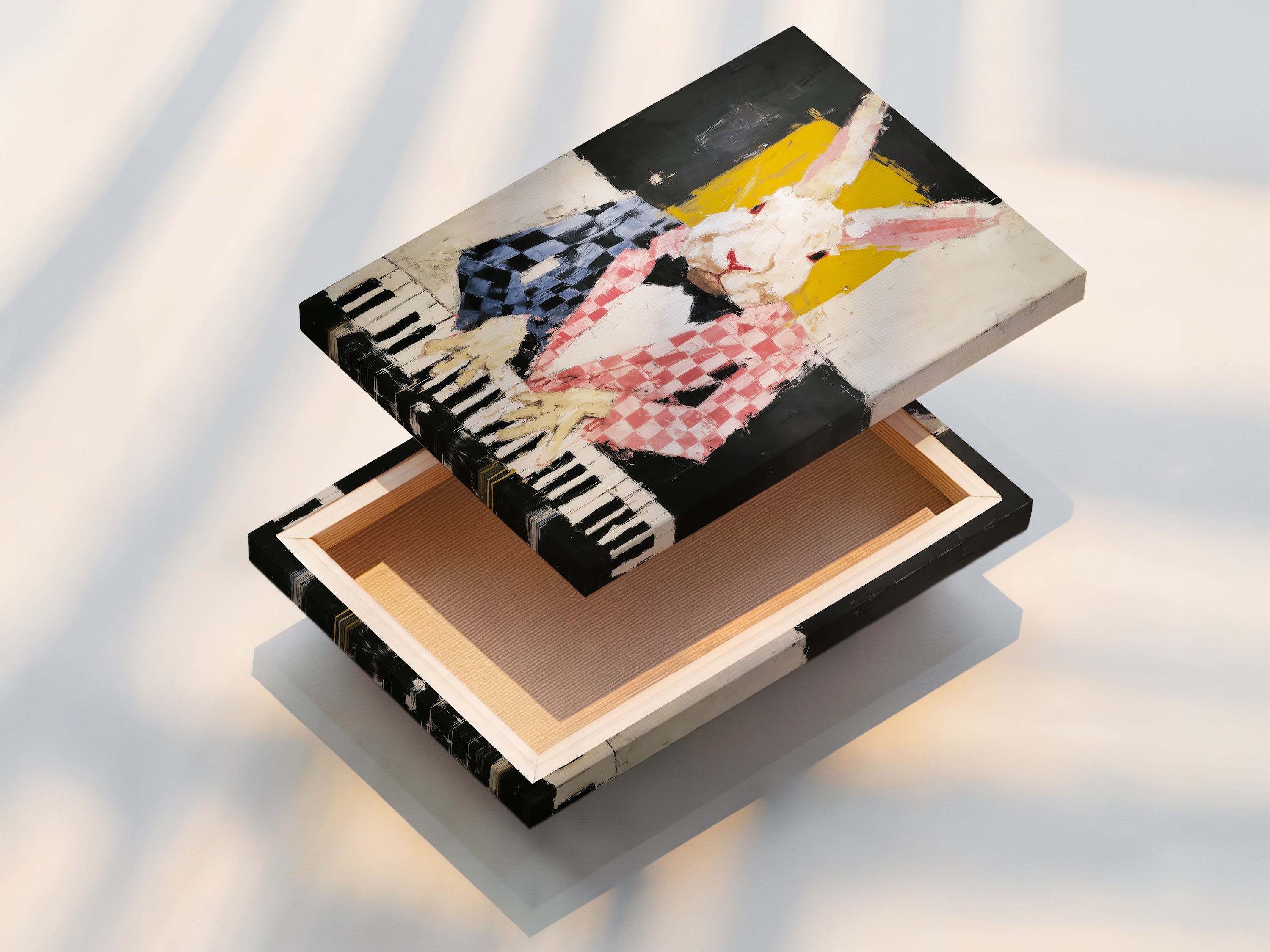 The stretched canvas print of the rabbit pianist artwork is ready to hang. This whimsical animal art adds a touch of abstract music wall art. Perfect for adding a colorful bunny artwork to your home. The stretched canvas print ensures a gallery-quality finish. Ideal for contemporary art enthusiasts.