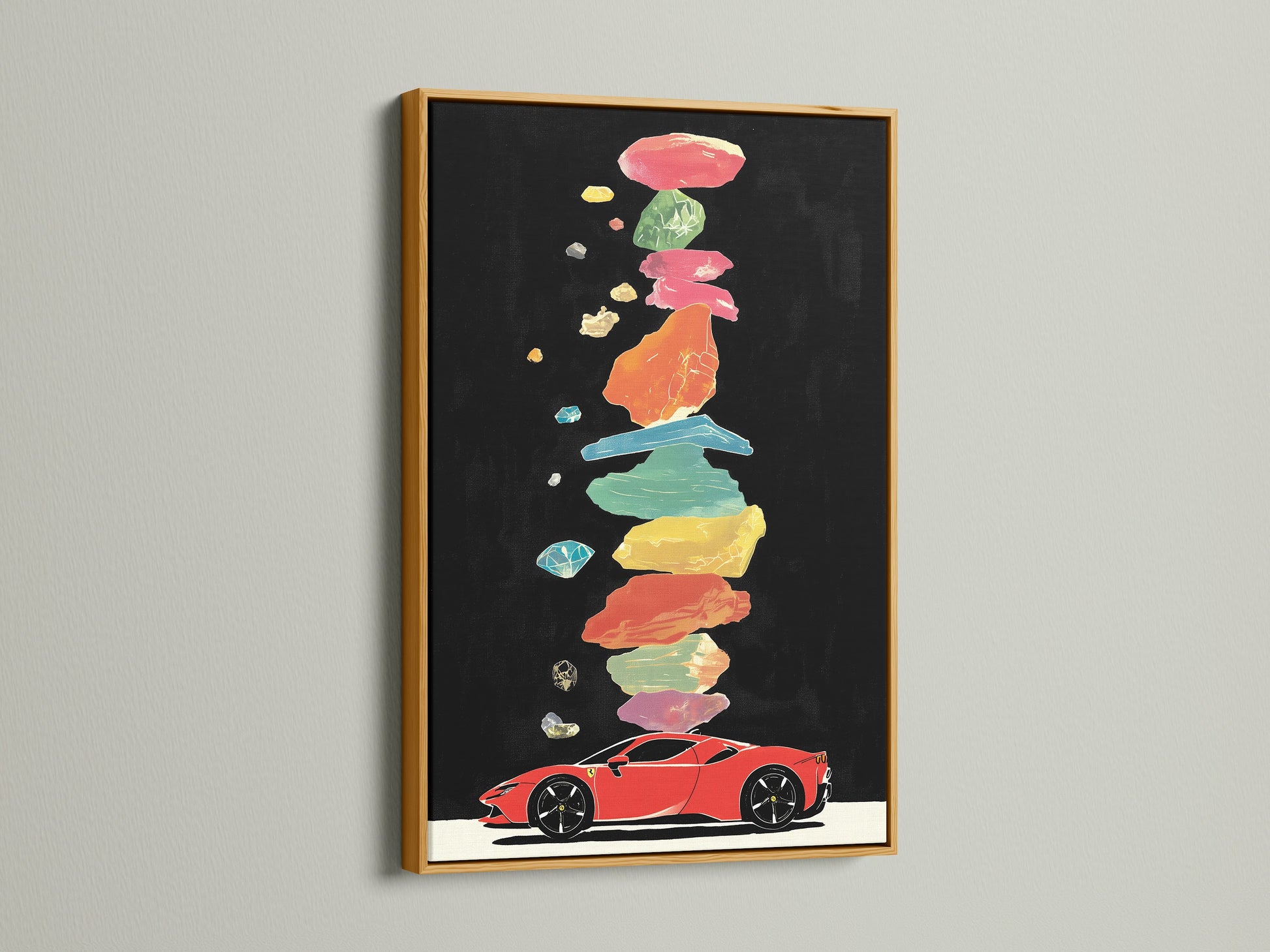 A luxurious sports car artwork is displayed in a gold frame. The artwork features a red sports car with vibrant abstract elements. This piece adds a touch of elegance and style to any room. Perfect for automotive enthusiasts looking to enhance their garage office or living space with contemporary art.