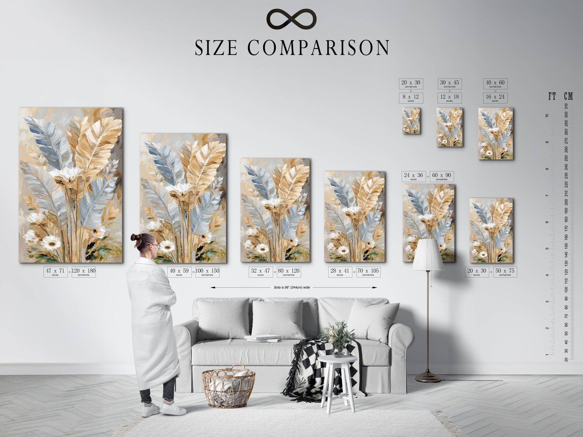 Size comparison chart of the artwork in an interior setting. See how different sizes fit your space. Visualize the artwork's impact on your walls. Choose the perfect size for your home decor. This chart helps you make an informed decision. Find the ideal size for your feather art print.