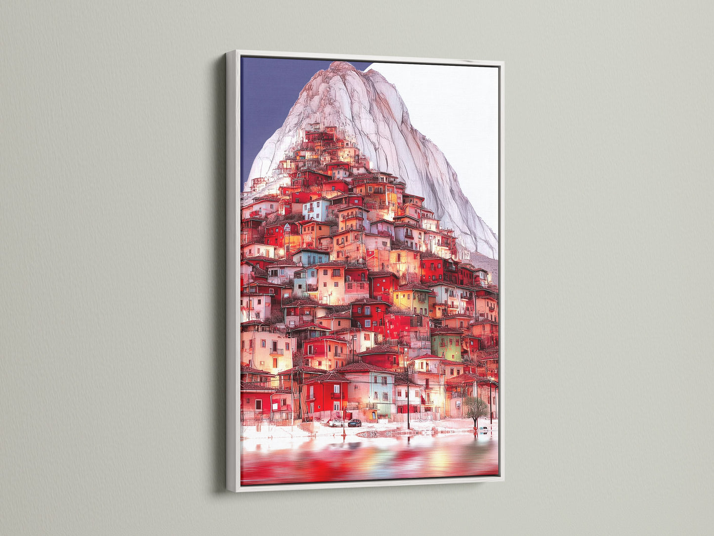 The Mountain Village artwork is showcased in a white frame. A clean modern look for this scenic wall art. The white frame allows the village art's colors to pop. Ideal for any room.