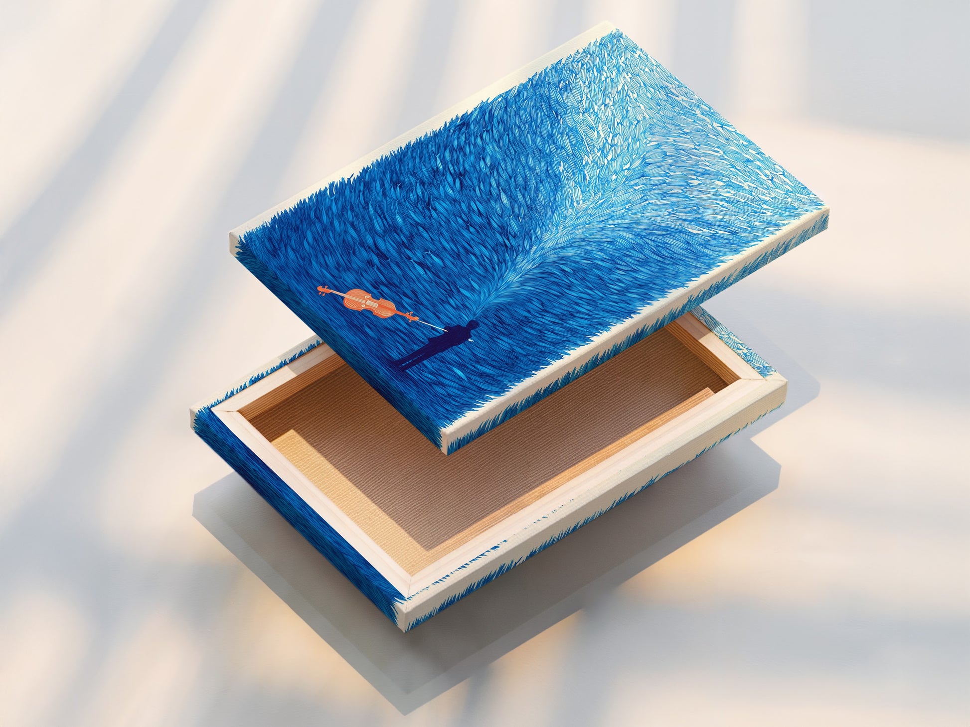 The photo showcases a stretched canvas print. It highlights the texture and depth of the musical artwork. The surreal violin wall art is ready to hang. The indigo blue art print creates a focal point in any room. Ideal for modern minimalist and coastal interiors.