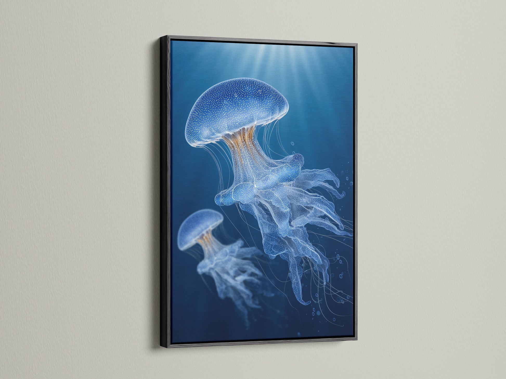 A striking black frame showcases jellyfish artwork. The dark frame contrasts with the bright wall. The artwork is elegantly displayed. The black frame adds sophistication and boldness. It makes the colors pop. Perfect for modern and contemporary spaces.