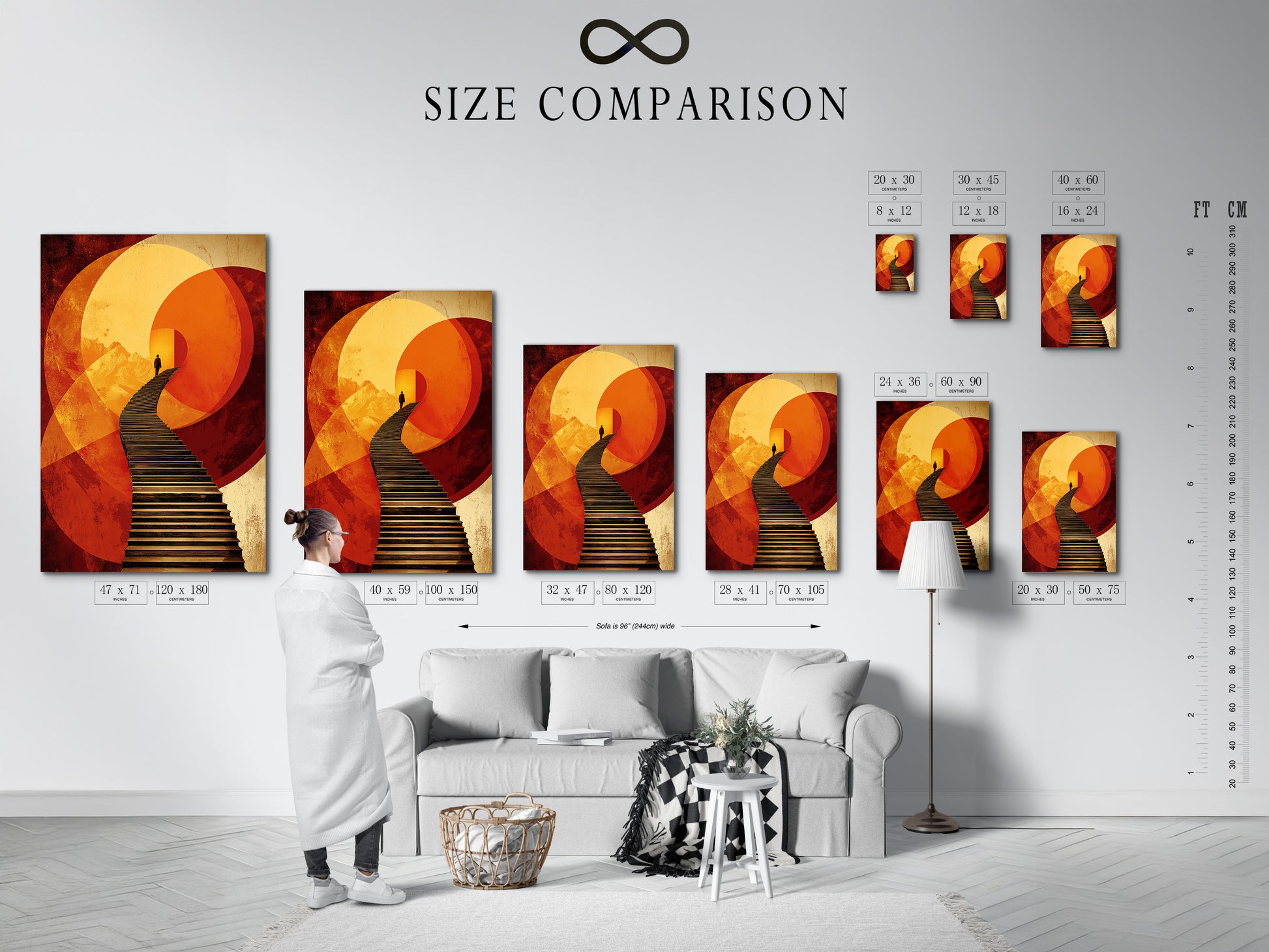 A size comparison chart in an interior shows the surreal stairway artwork. Visualize how this abstract figure wall art fits your space. Geometric sunset poster transforms office wall decor. Find the perfect size for you.
