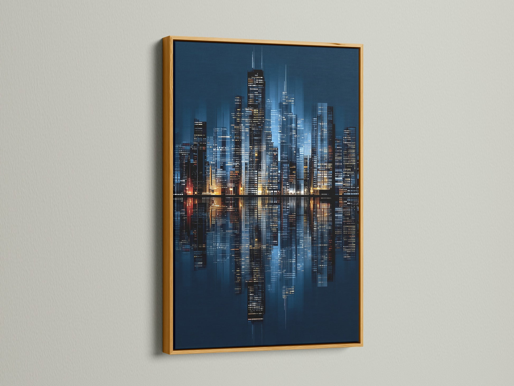 The Chicago skyline canvas print shines in a gold frame. The metallic accent complements the urban photography. This piece elevates skyscraper art. It brings a touch of luxury to contemporary wall art settings.
