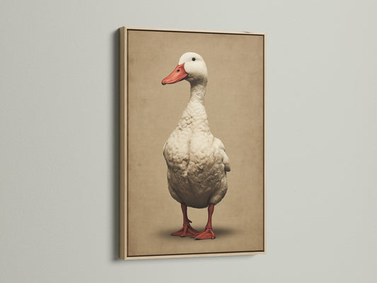 This is a vintage duck art print in an oak frame. Add a touch of rustic charm to your home with this farmhouse goose wall artwork. It's ideal for creating a cozy kitchen or dining room decor. The artwork brings a country aesthetic.