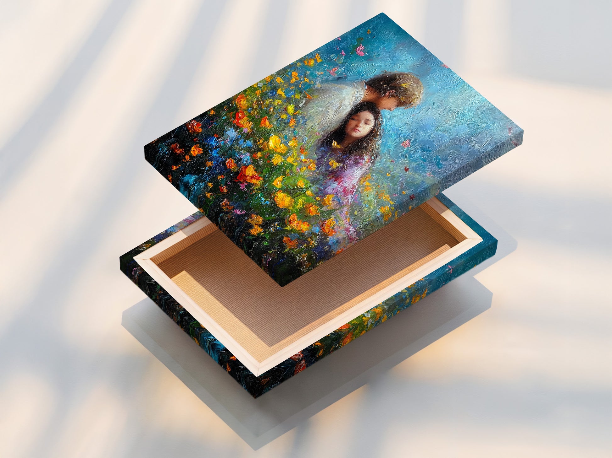 A stretched canvas print featuring a couple in a field of flowers. The canvas texture enhances the artwork's depth. The stretched format makes it ready to hang. It brings art to life with vibrant colors.