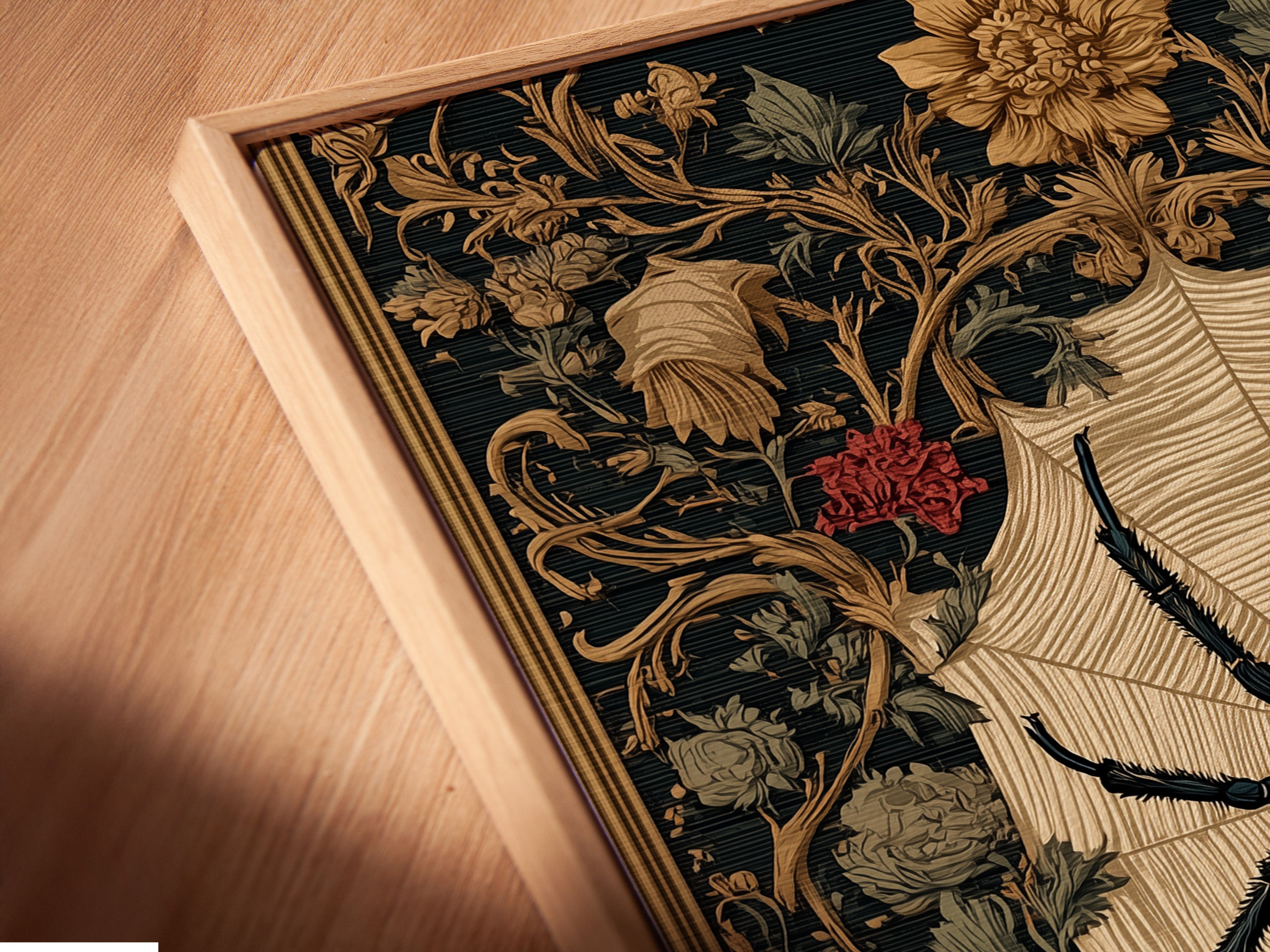 A close-up angled view of a canvas print in a floating frame. The frame gives the illusion that the canvas is floating. This modern framing style enhances the artwork. Perfect for showcasing contemporary pieces. The floating frame adds depth and dimension.