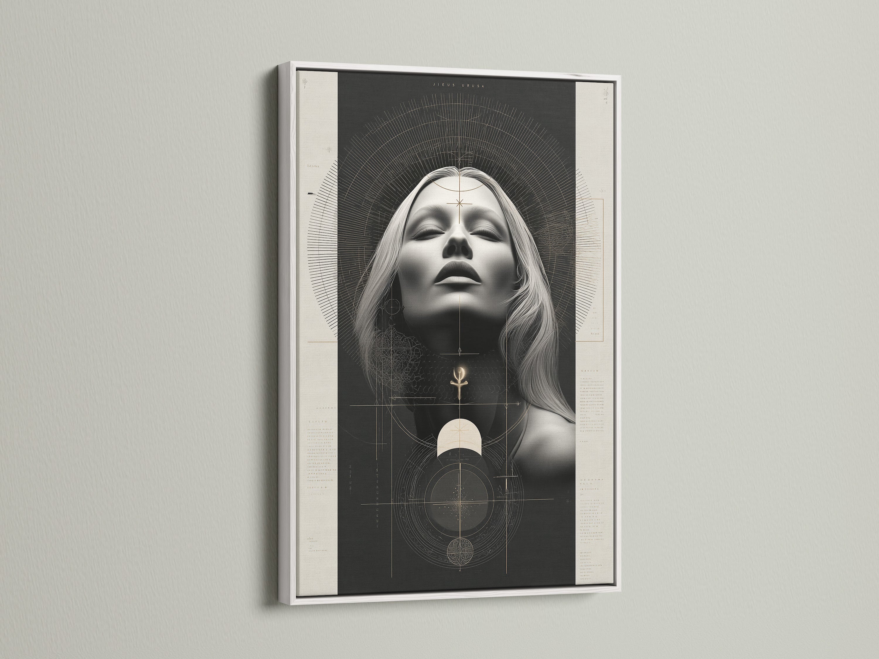 Sacred Geometry artwork featuring a Mystical Woman Portrait in a white frame. This spiritual canvas art is perfect for adding a boho touch to any bedroom. It is ideal for creating a minimalist home or meditation space. Discover the beauty of metaphysical art.