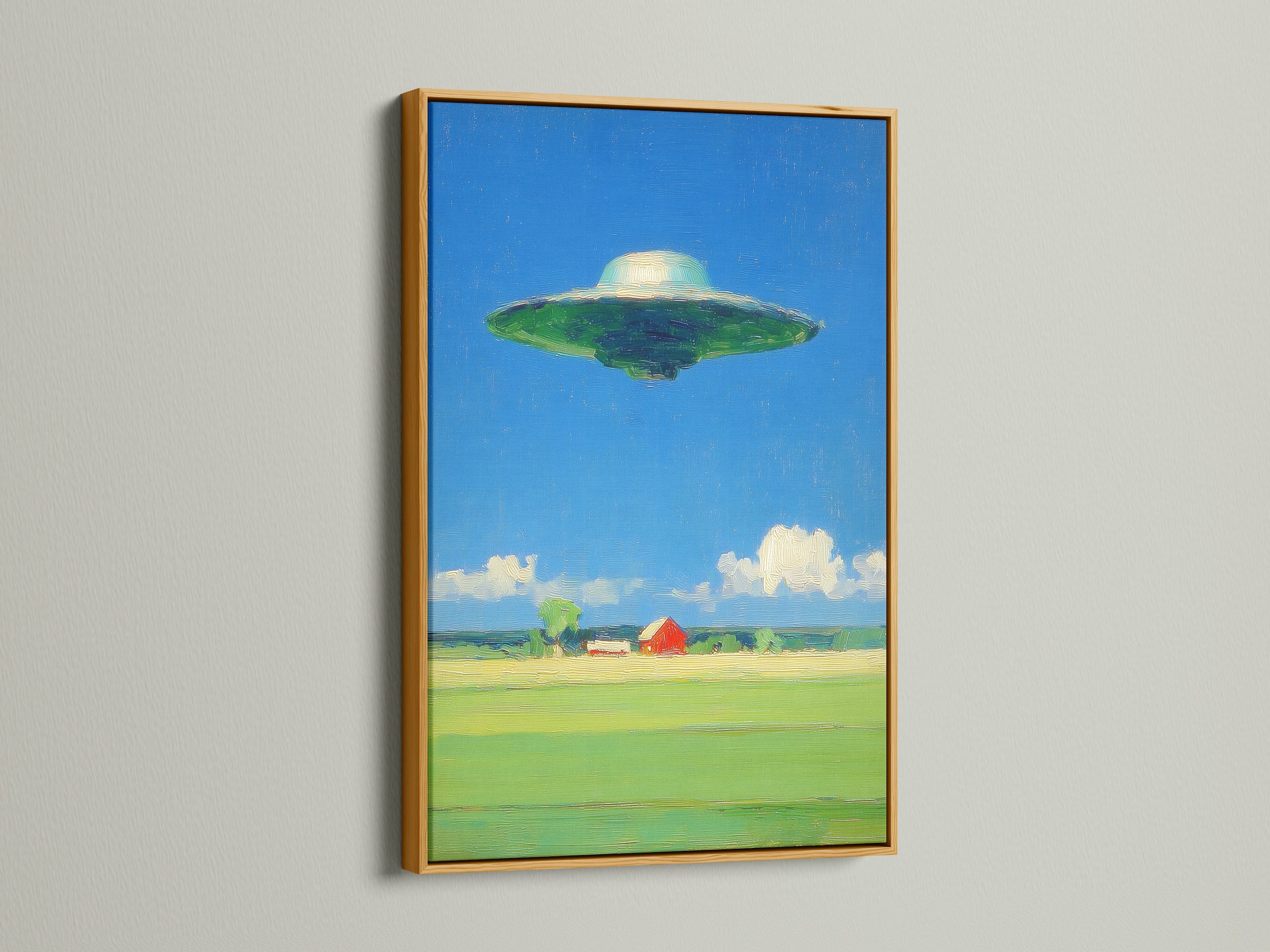 This UFO art print is presented in a gold frame. The artwork combines sci fi themes with a vintage feel. The surreal landscape painting is visually striking. The gold frame adds a touch of elegance. This is perfect for collectors of unique space artwork.