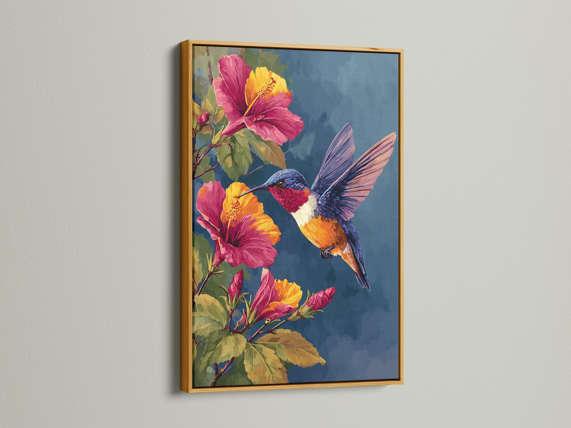 The gold frame adds a touch of elegance to the hummingbird and hibiscus flowers artwork. The metallic finish enhances the artwork's beauty. This artwork is a luxurious addition to your art collection. Explore framed artwork options.