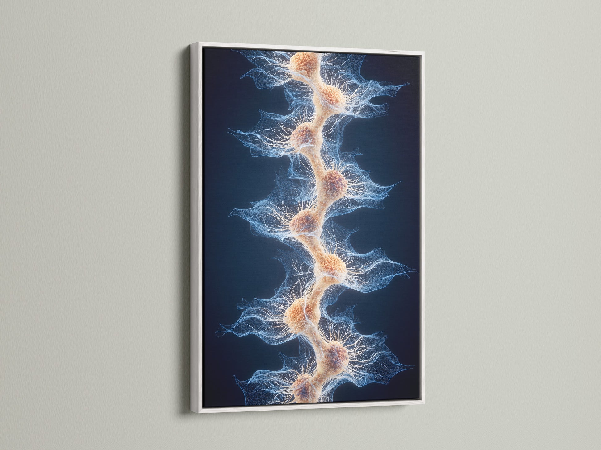 The artwork is displayed in a floating white frame. The white frame gives the artwork a modern look. The art piece is displayed against a white wall. The frame is a great choice for any room. Get yours today and display your art.