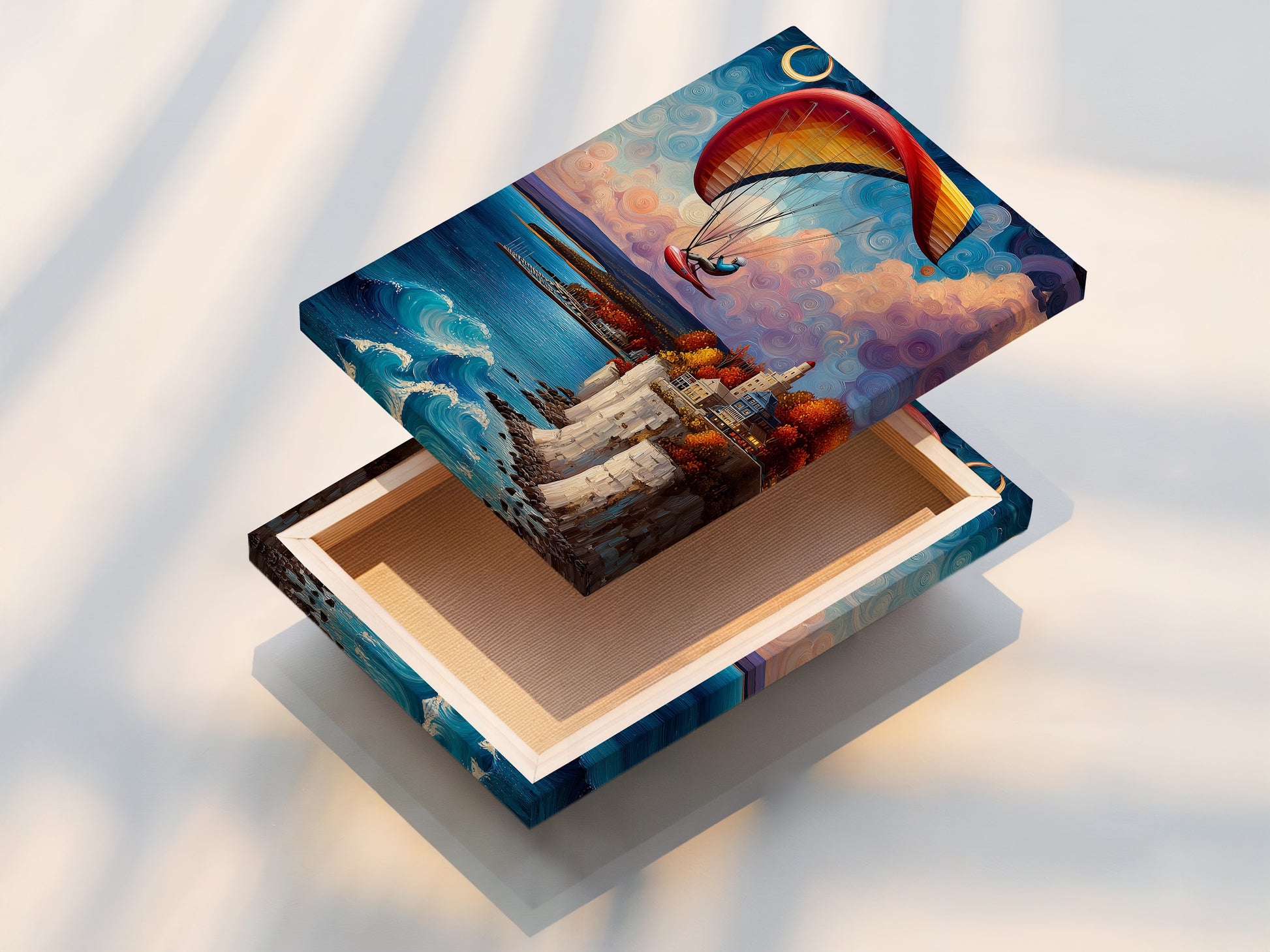 A stretched canvas print of the paragliding artwork. The artwork shows a vibrant coastal cliffside scene with blue waters. The stretched canvas provides a gallery-ready look. This print is perfect for adding a touch of coastal charm to any space. Its high-quality ensures lasting beauty. The artwork brings a sense of adventure to your walls.