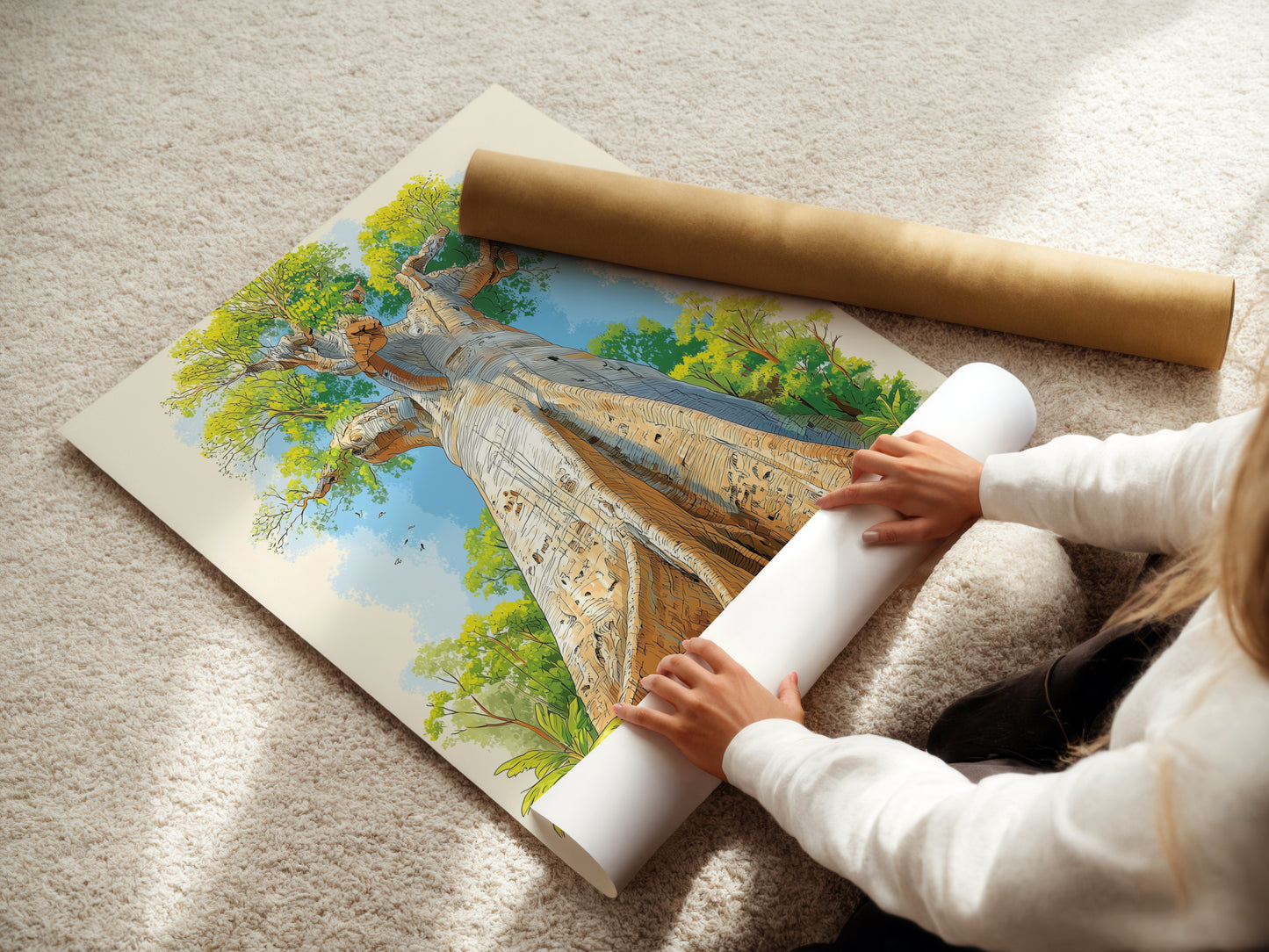 A woman is carefully rolling a fine art poster paper. The poster features a Baobab Tree artwork. This highlights the care in preserving the African landscape. This botanical art is perfect for collectors and home decor enthusiasts alike.