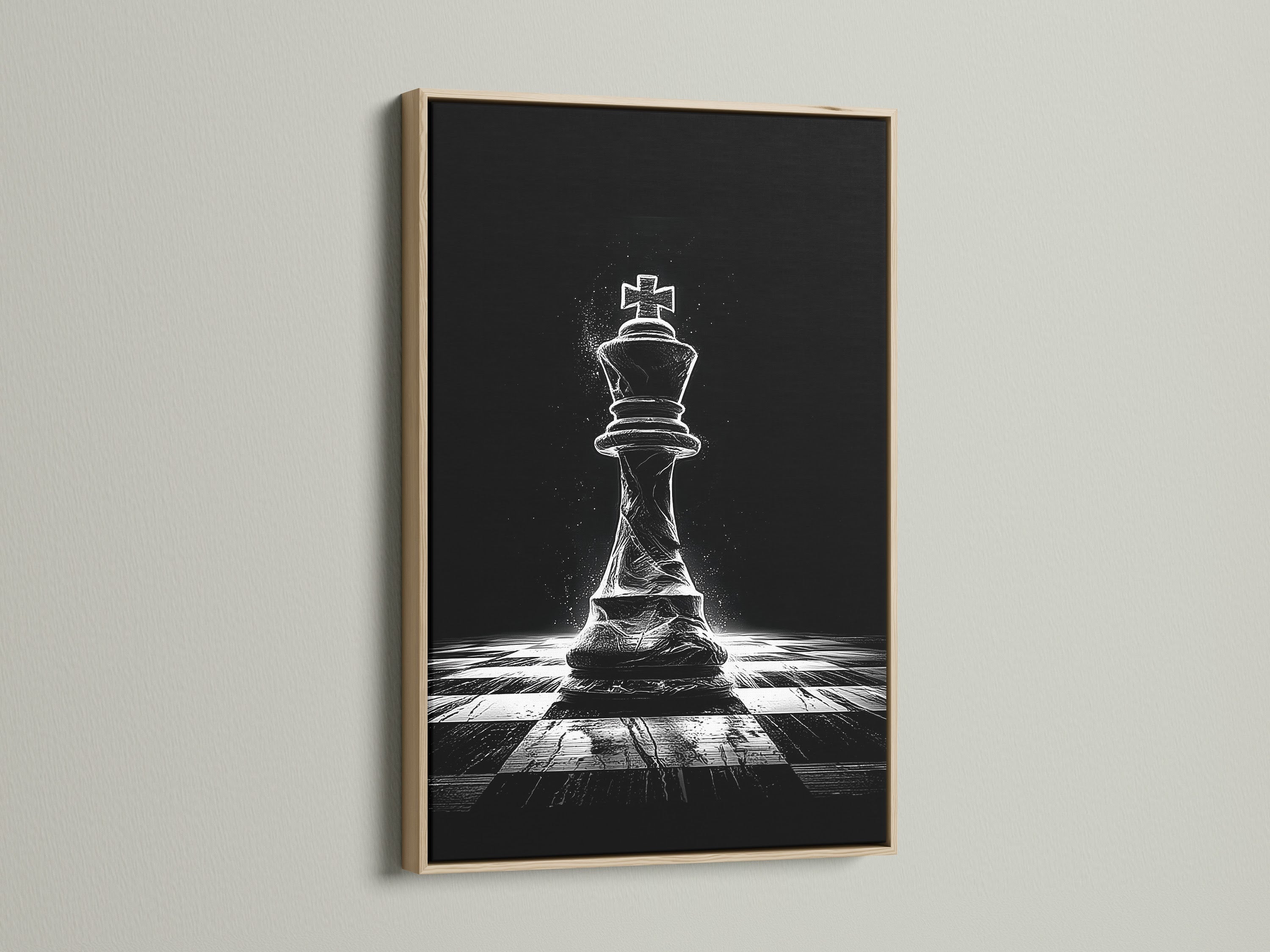 Chess king art is displayed in an oak frame. This black and white print adds a contemporary touch to any room. It's ideal for homeowners and renters seeking elevated modern wall art. The frame enhances the artwork.