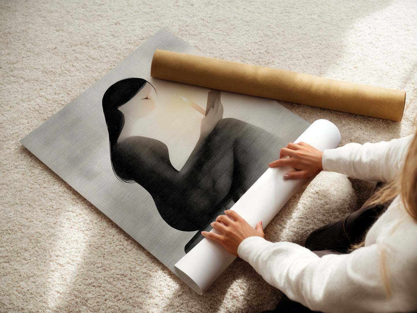 A woman rolling a fine art poster paper print of a minimalist woman reading. This high quality print is ready to be framed. Ideal for book enthusiasts and those seeking refined monochrome wall decor.